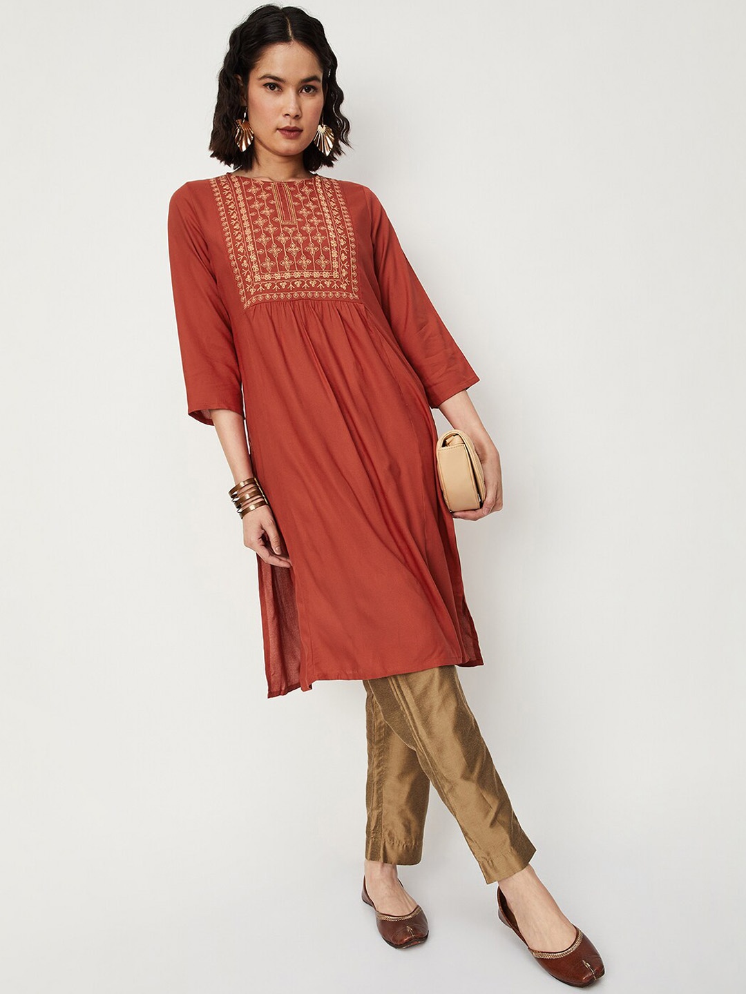 

max Ethnic Motifs Embroiderd Thread Work Kurta, Rust