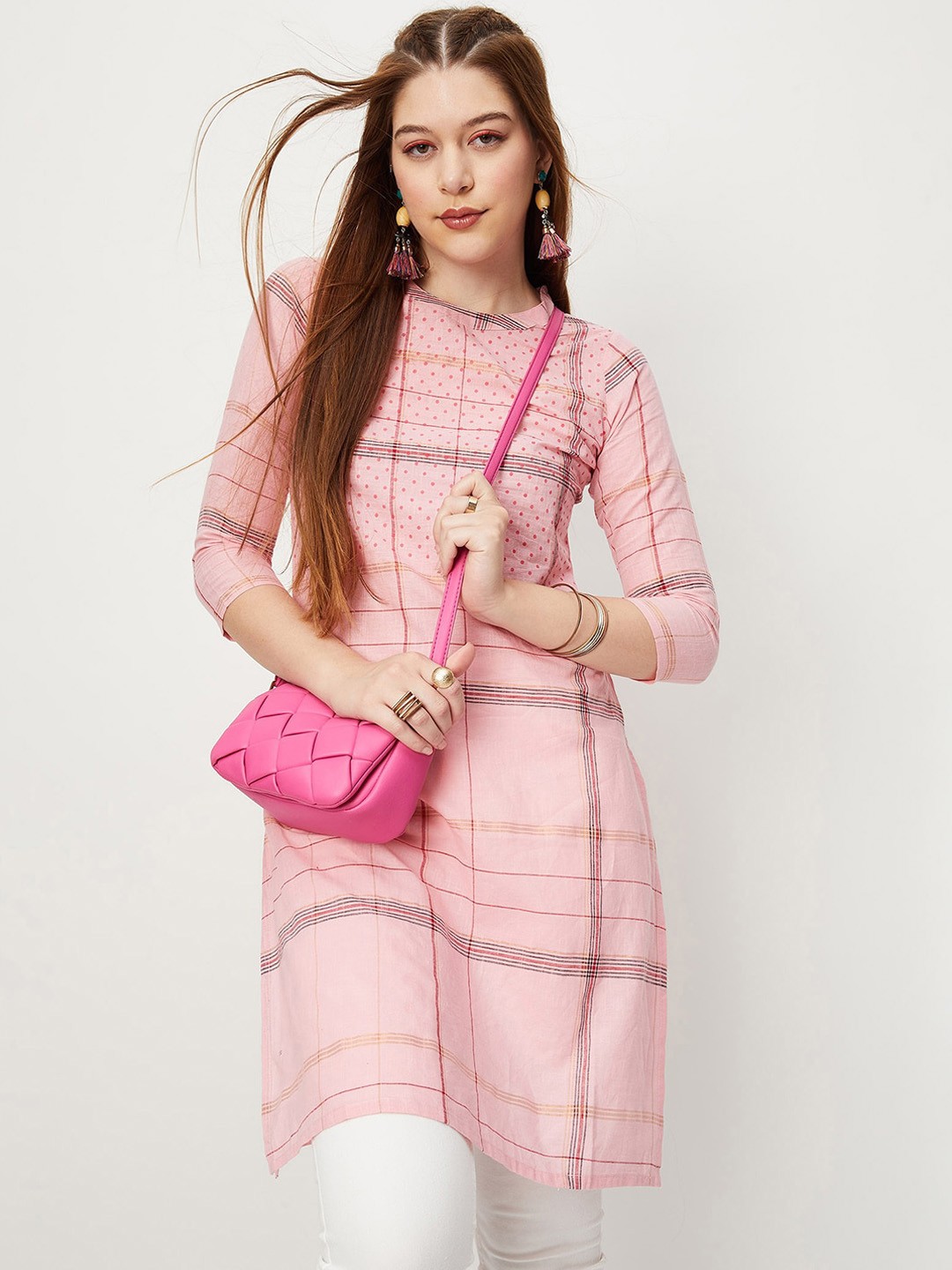 

max Striped Band Collar Zari Pure Cotton Kurta, Pink
