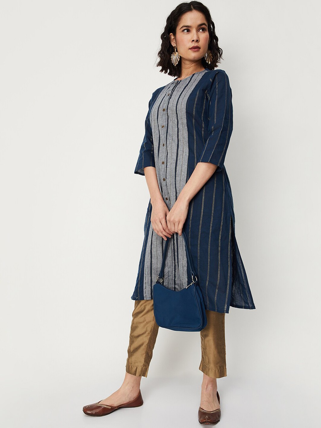 

max Striped Zari Pure Cotton Straight Kurta, Blue