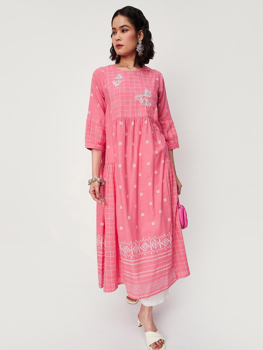 

max Ethnic Motifs Embroidered Thread Work Pure Cotton Anarkali Kurta, Pink