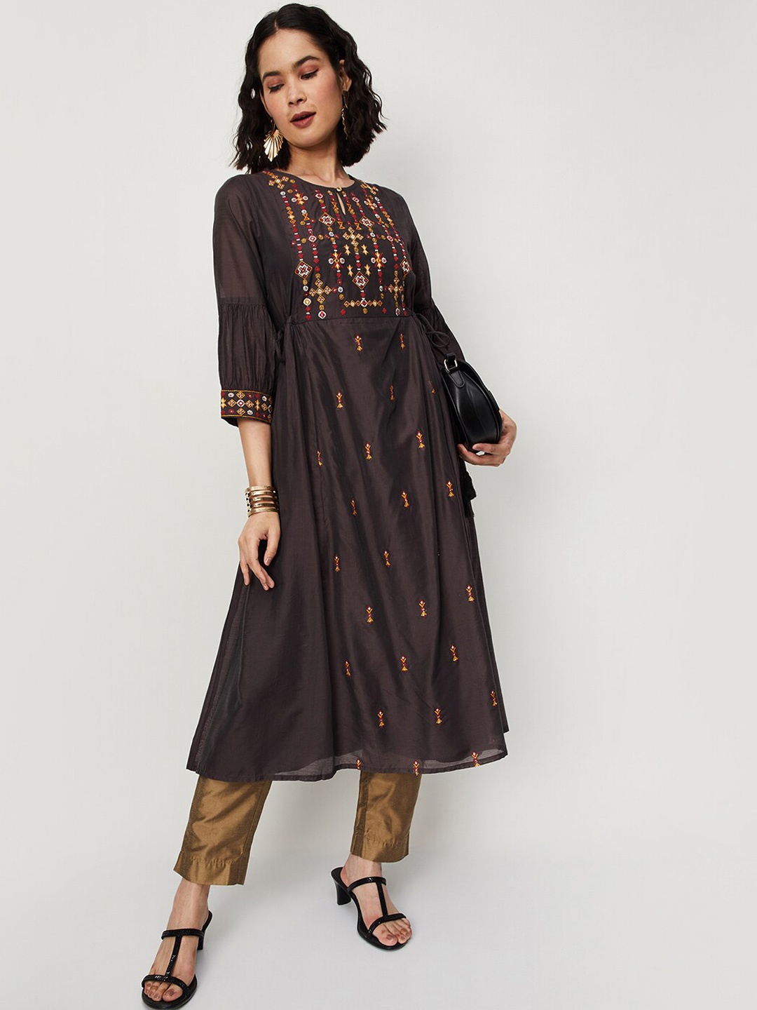 

max Ethnic Motifs Embroidered Keyhole Neck Mirror Work Pure Cotton Kurta, Grey