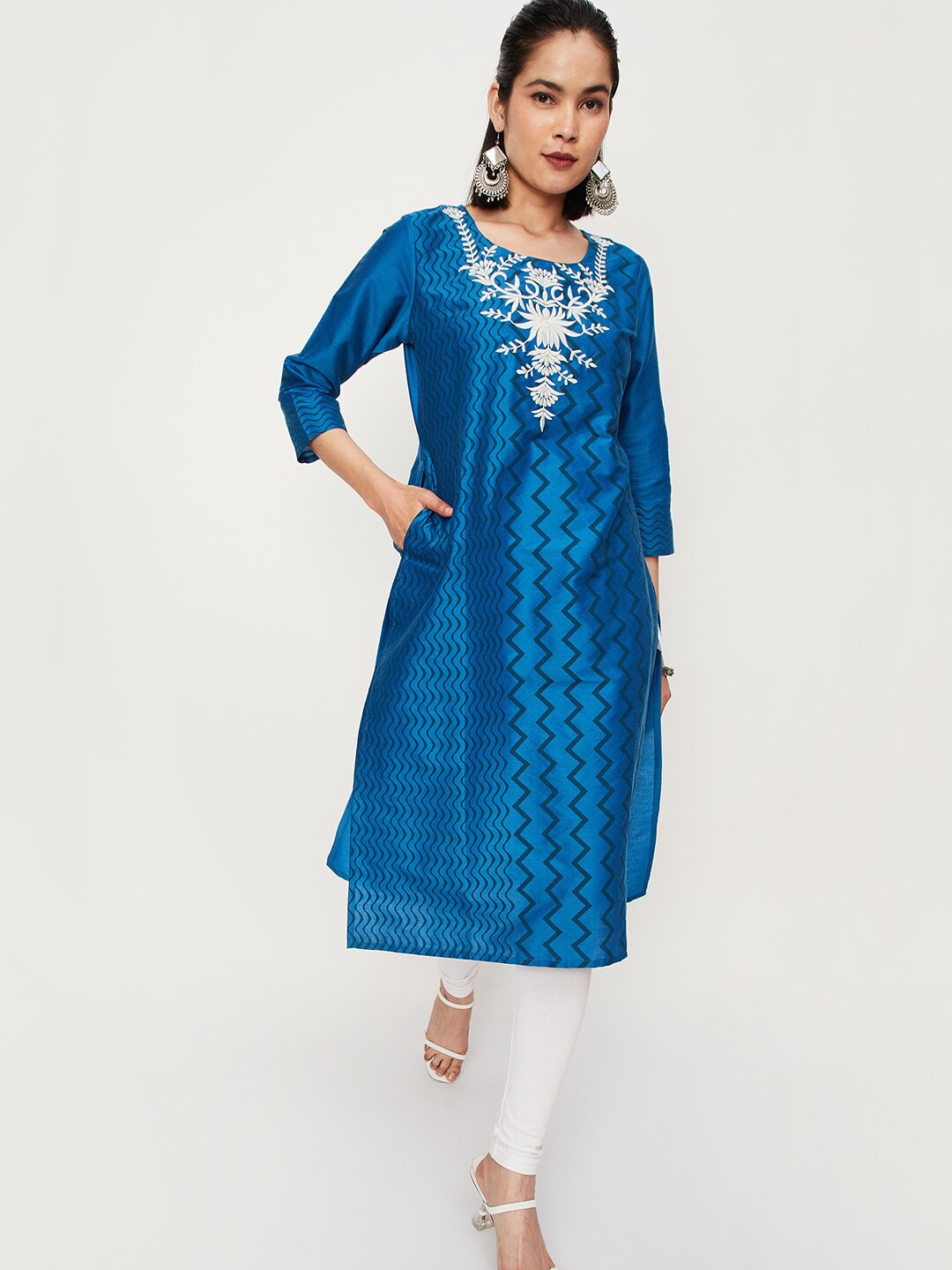 

max Ethnic Motifs Printed Panelled A-Line Kurta, Navy blue