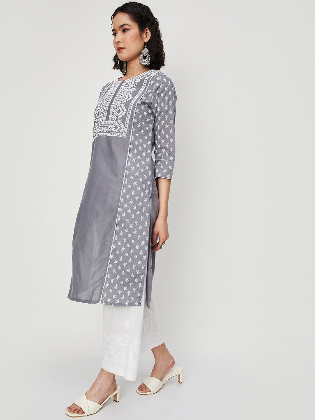 

max Ethnic Motifs Printed Panelled Boat Neck Kurta, Grey