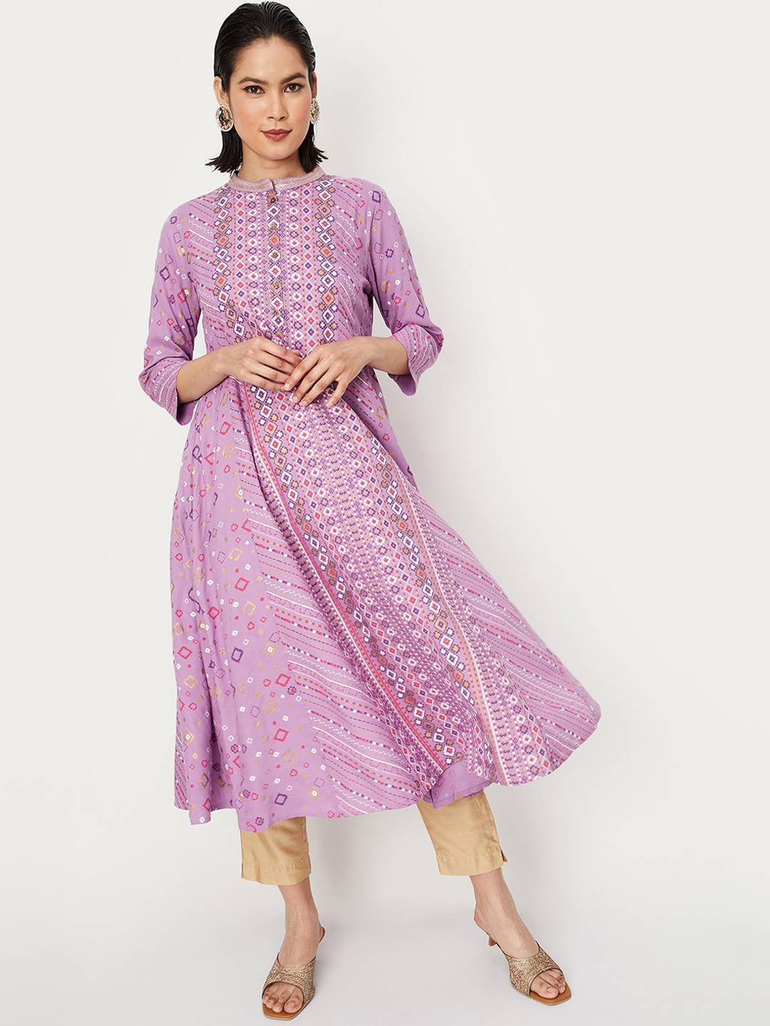 

max Mandarin Collar Geometric Printed A-Line Kurta, Purple