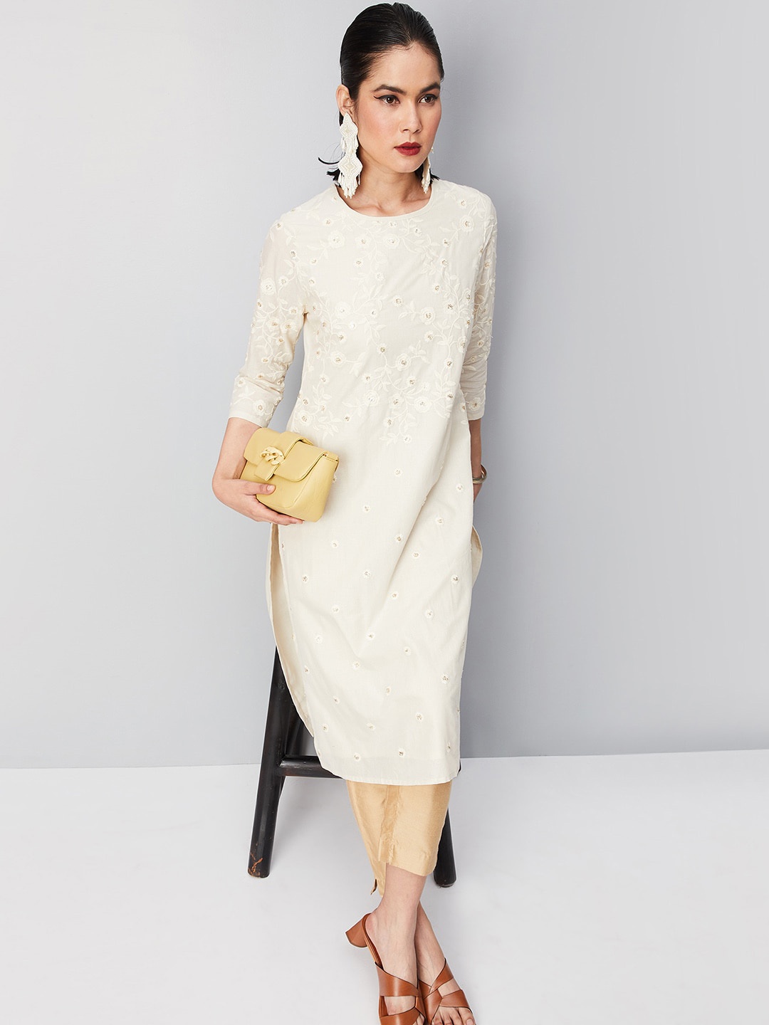

max Floral Embroidered Thread Work Kurta, Beige