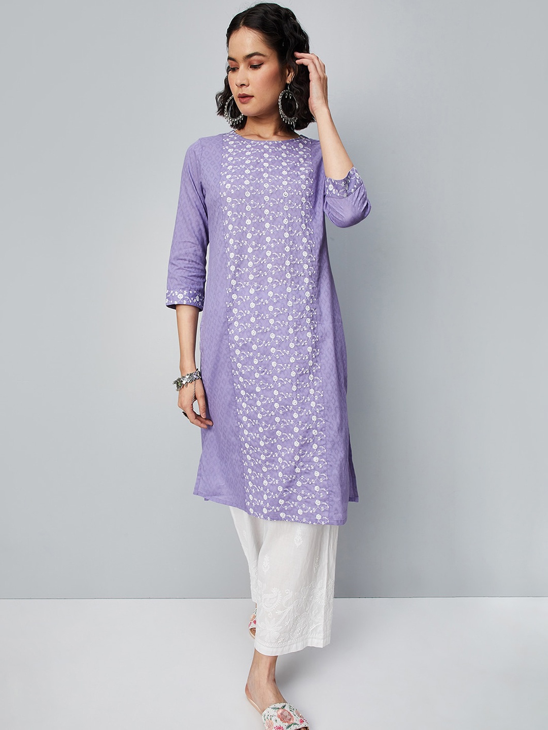 

max Ethnic Motifs Embroidered Thread Work Pure Cotton Kurta, Purple