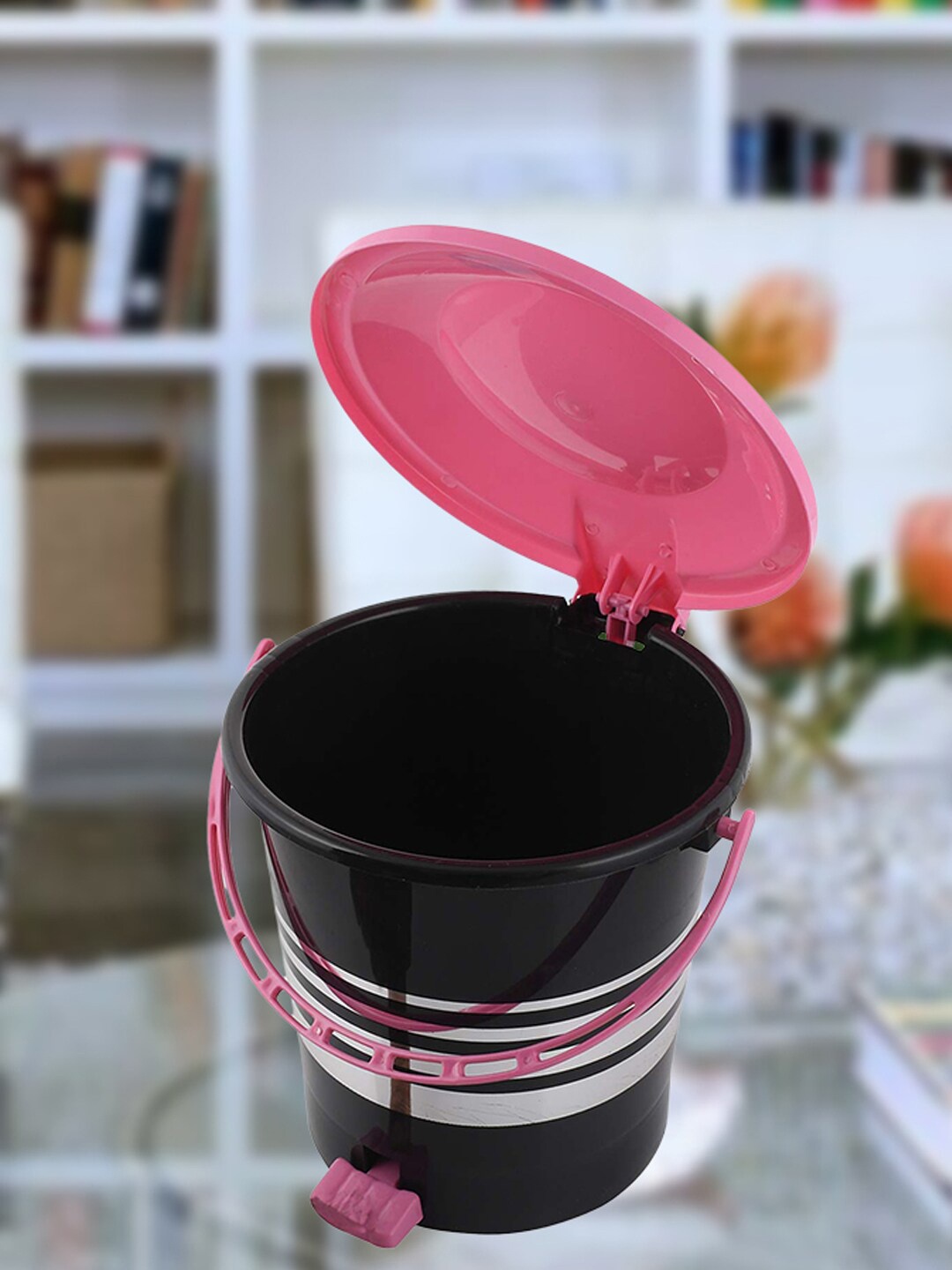 

Kuber Industries Black & Pink Striped Pedal Dustbin With Handle - 10 L