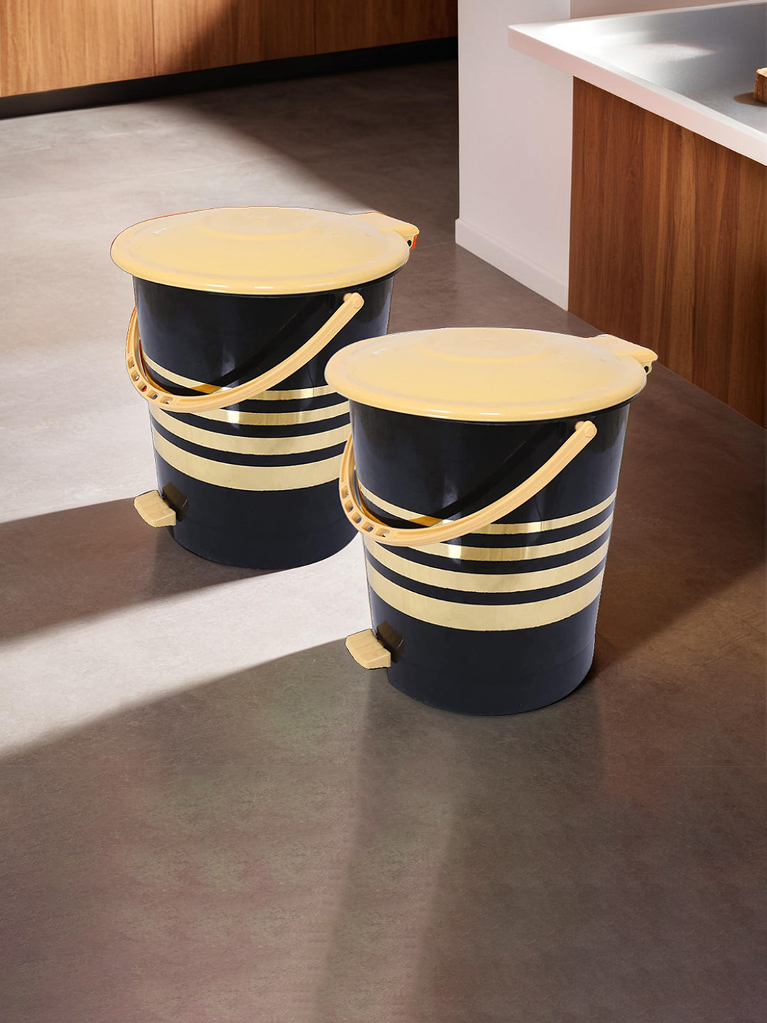 

Kuber Industries 2-Pcs Black & Beige Striped Pedal Dustbins With Handle - 10 L Each