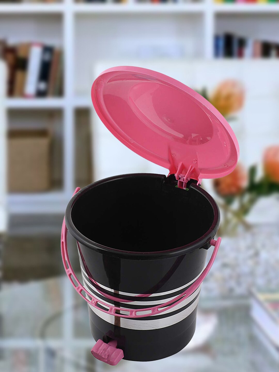 

Kuber Industries Black & Pink 2-Pcs Striped Pedal Dustbins With Handle - 5 L Each