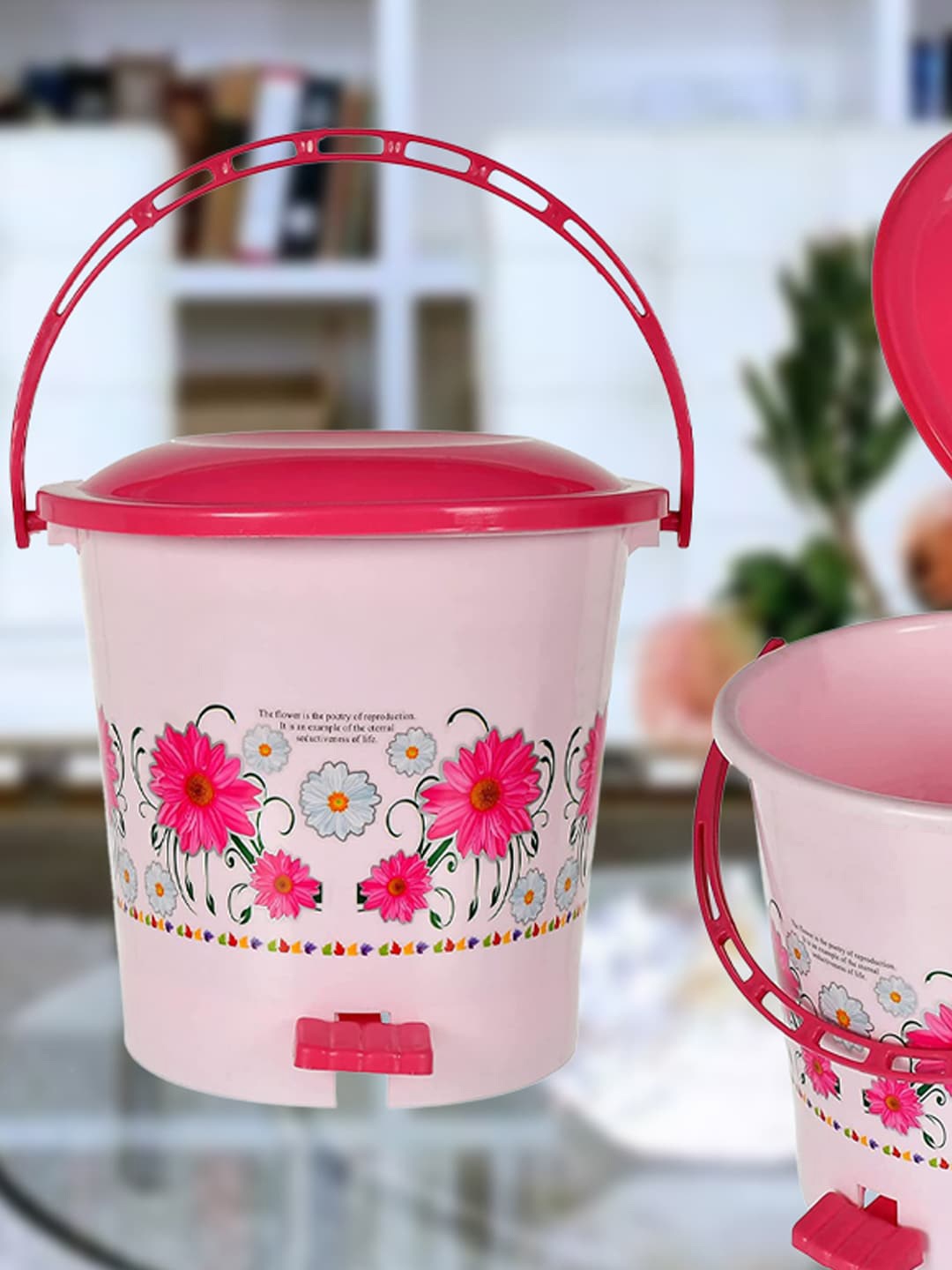 

Kuber Industries Pink & White Floral Printed Pedal Dustbin With Handle - 5 L Each
