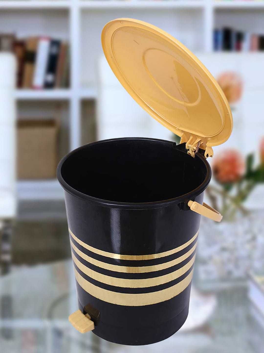 

Kuber Industries Black & Beige Striped Pedal Dustbin With Handle - 10 L