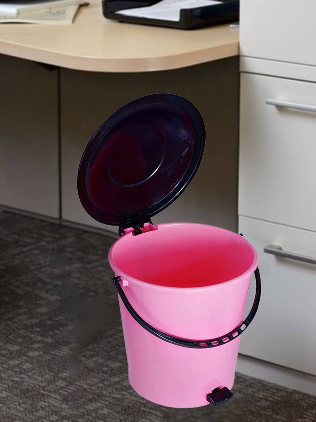 

Kuber Industries Pink & Black 3-Pieces Pedal Dustbins With Handle - 5 L Each