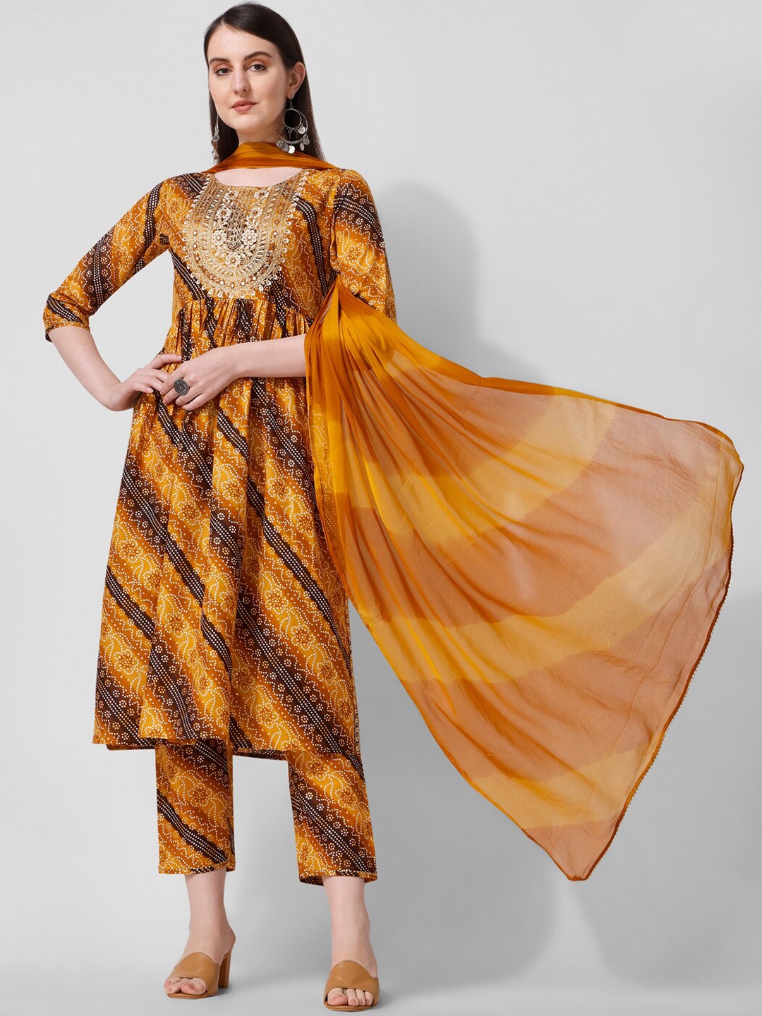 

Berrylicious Bandhani Printed Zari A-Line Pure Cotton Kurta with Trousers & Dupatta, Mustard