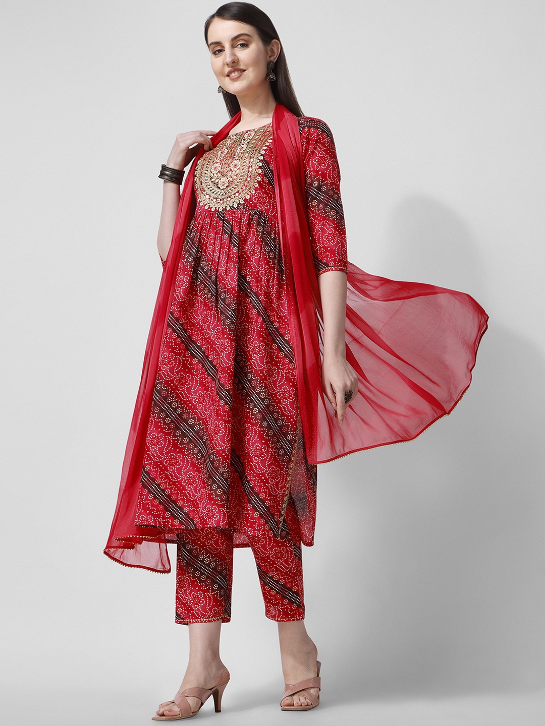

Berrylicious Bandhani Printed Zari A-Line Pure Cotton Kurta with Trousers & Dupatta, Red