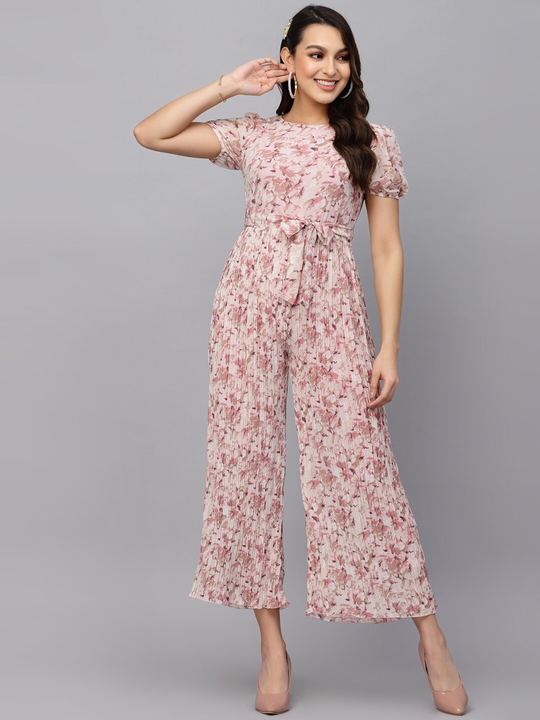 

Mafadeny Floral Printed Waist Tie-Up Basic Jumpsuit, Peach