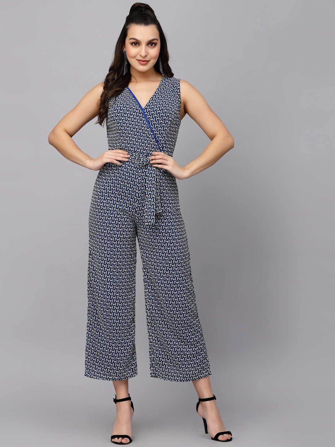 

Mafadeny Printed Waist Tie-Up Basic Jumpsuit, Blue
