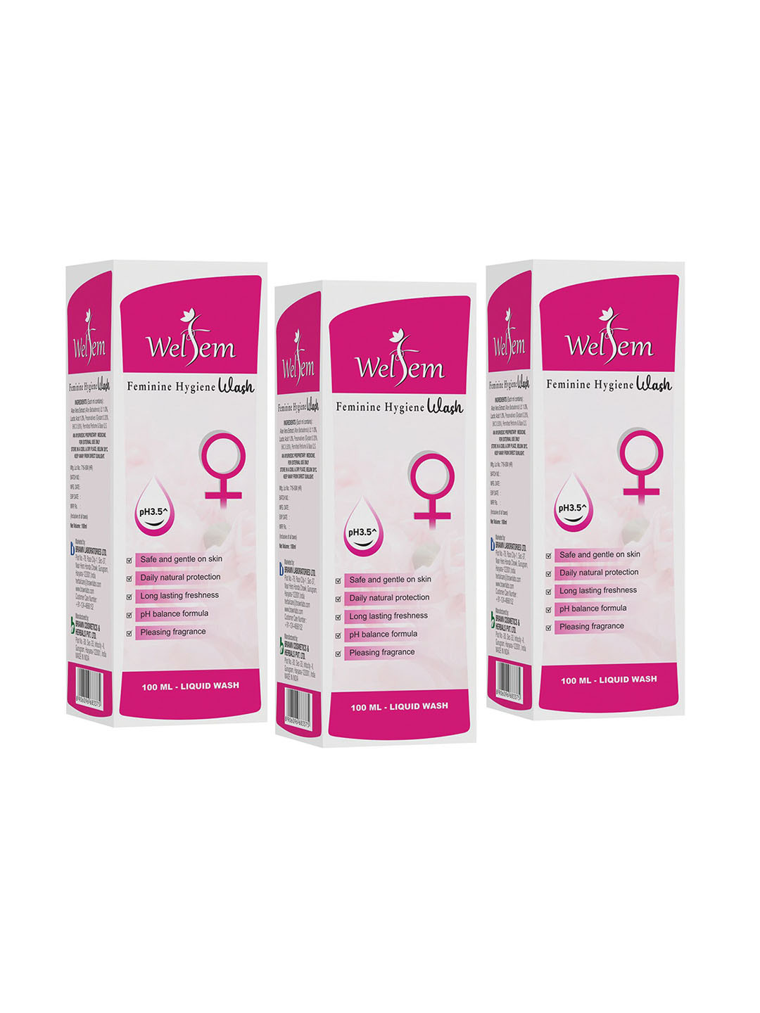 

WELFEM Set Of 3 pH3.5 Feminine Hygiene Wash with Lactic Acid & Aloevera - 100 ml Each, White