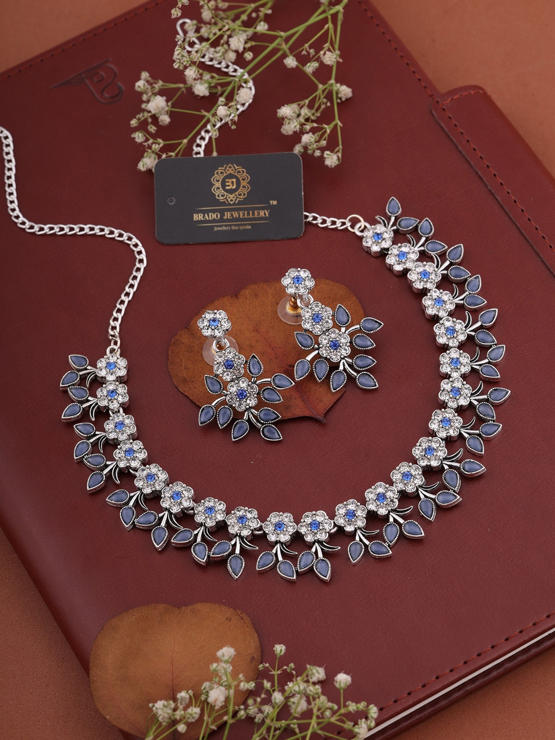 

Brado Jewellery Silver-Plated-AD Studded & Beaded Oxidised Jewellery Set, White