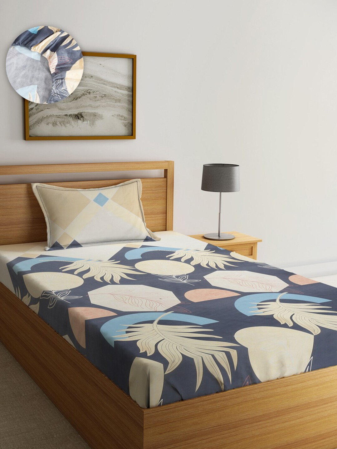 

SOKNACK Grey & Beige Floral Printed 280 TC Fitted Single Bedsheet & Pillow Cover