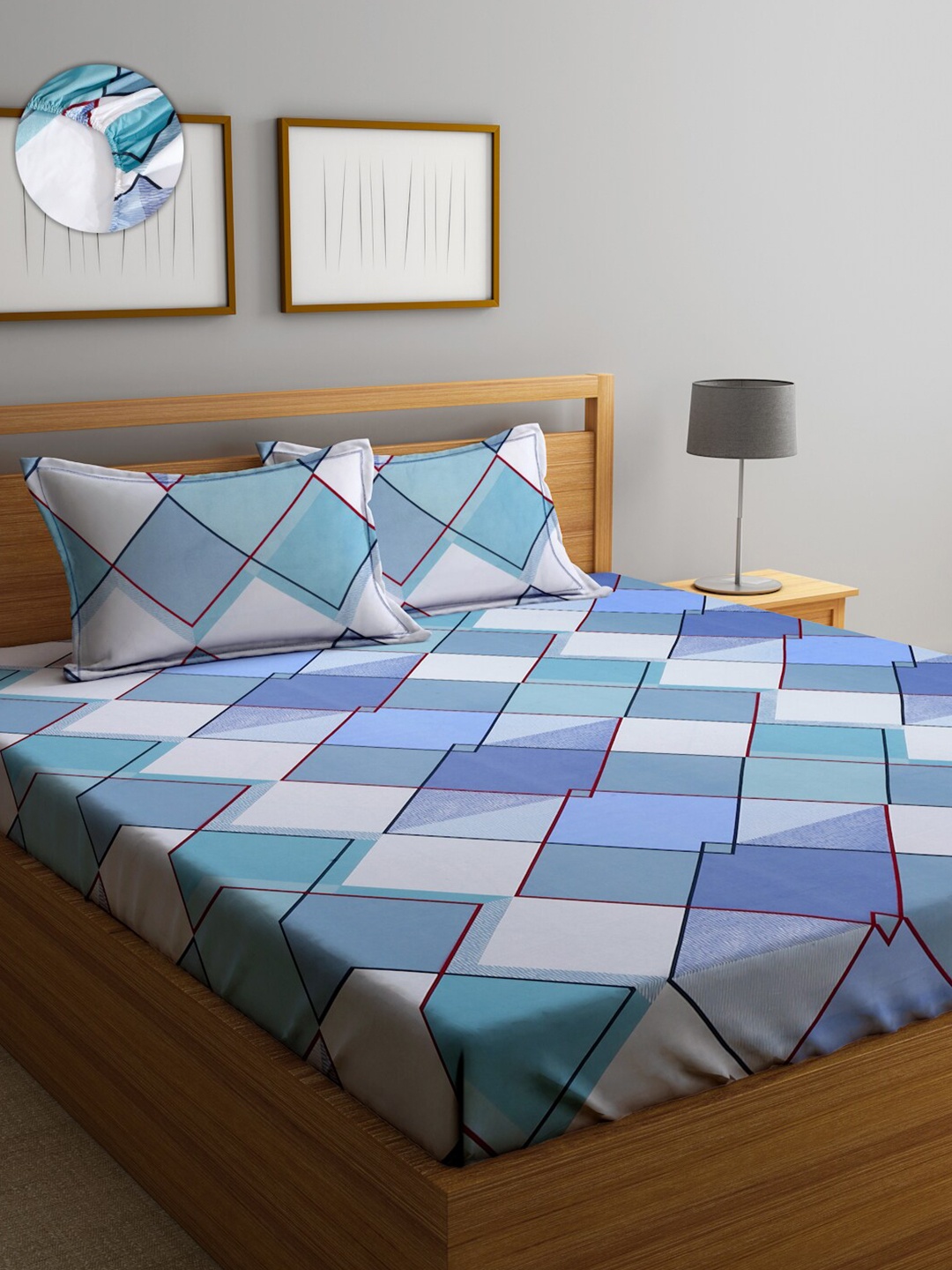 

SOKNACK Blue & White Geometric Printed 280 TC Fitted Queen Bedsheet & Pillow Covers