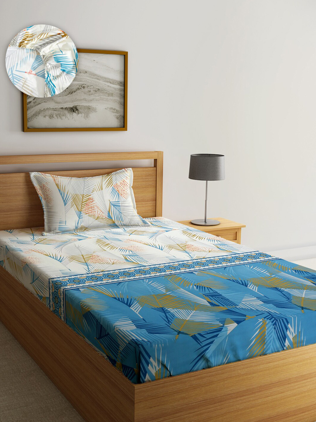 

SOKNACK White & Blue Floral Printed 280 TC Fitted Single Bedsheet & Pillow Cover