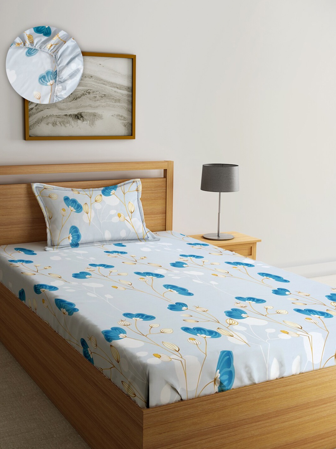 

SOKNACK Blue & Mustard Floral Printed 280 TC Fitted Single Bedsheet & Pillow Cover