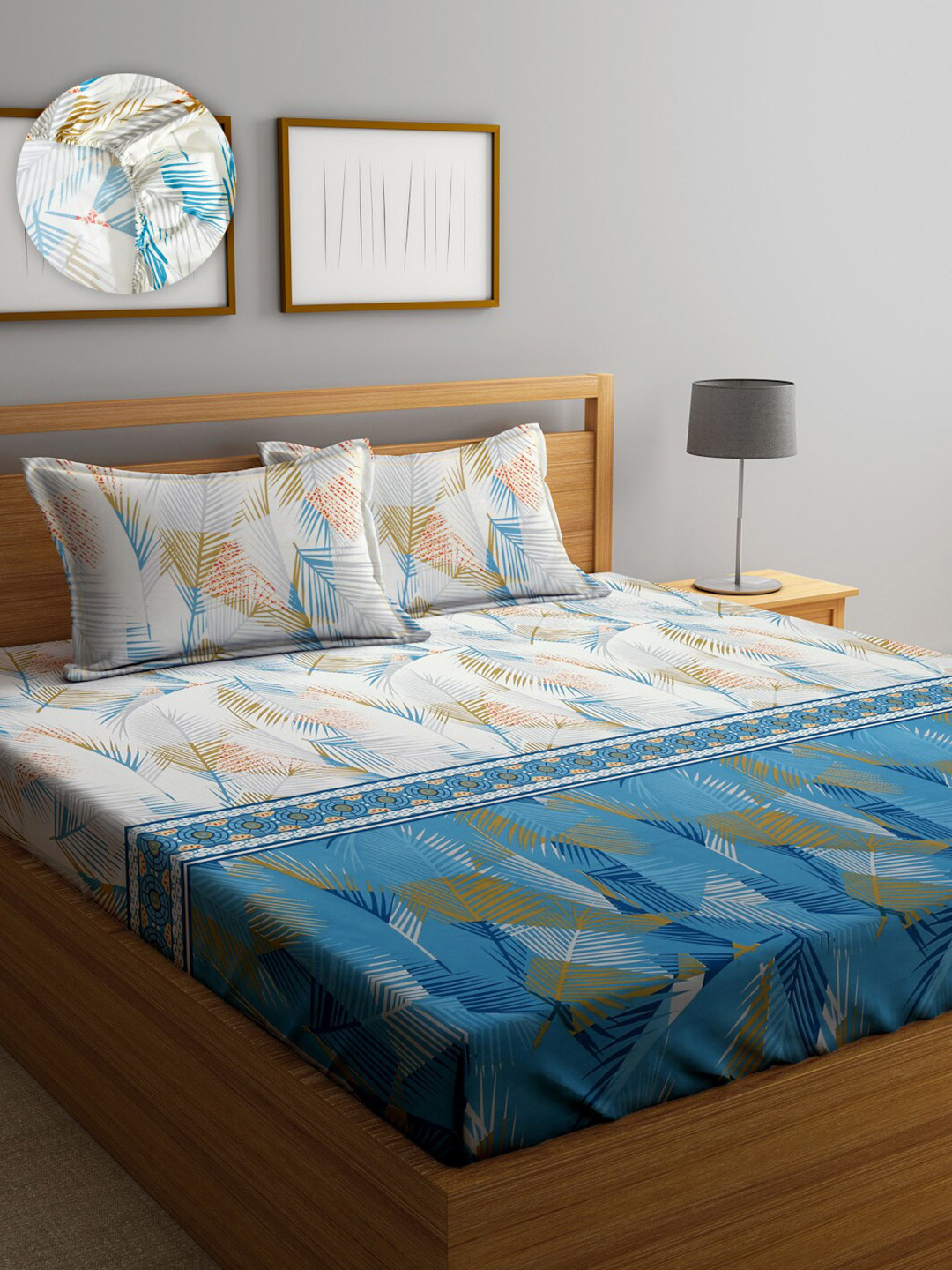 

SOKNACK White & Blue Printed 280 TC Fitted Queen Bedsheet & Pillow Covers
