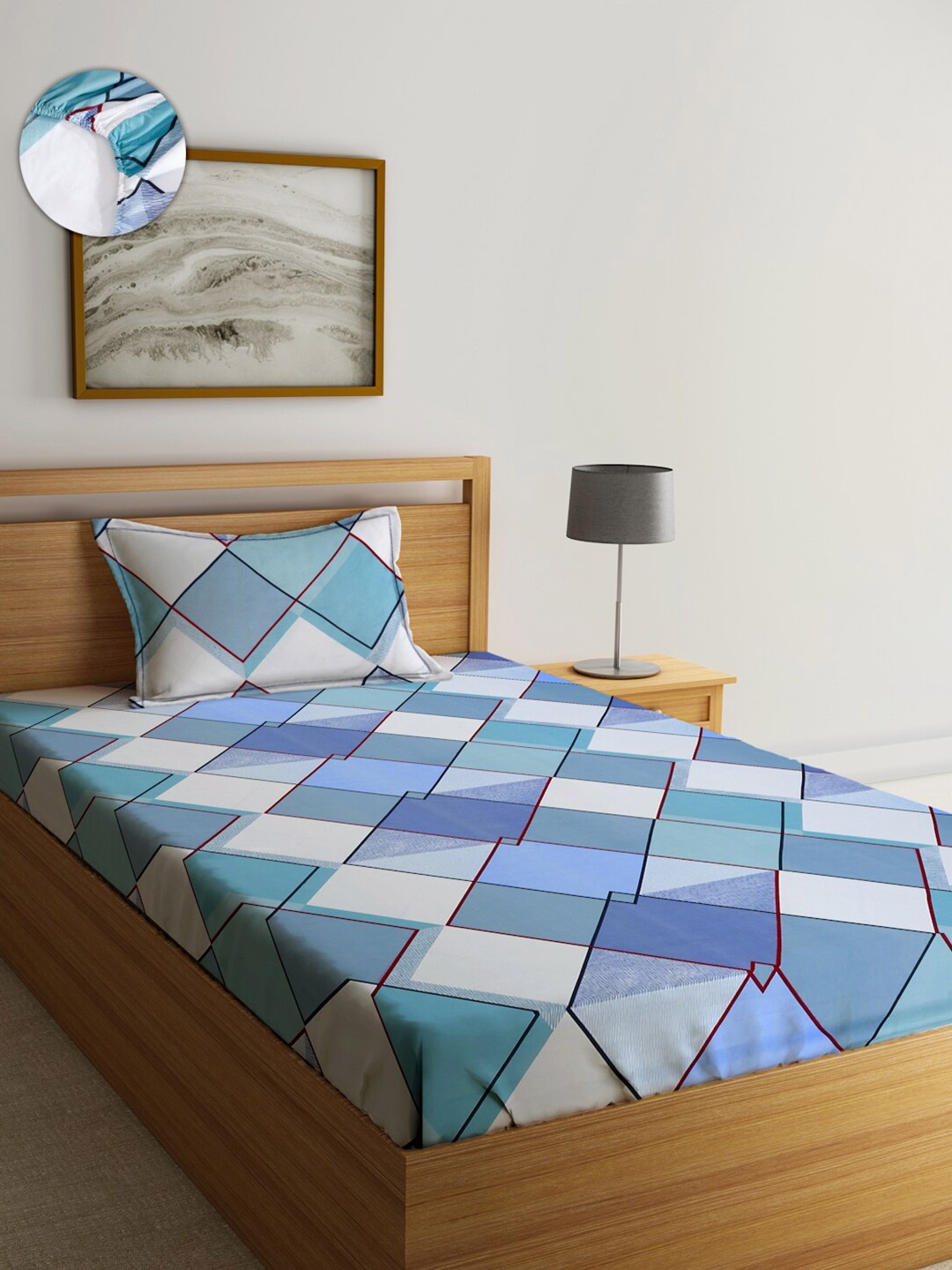 

SOKNACK Blue & White Geometric Printed 280 TC Fitted Single Bedsheet & Pillow Cover
