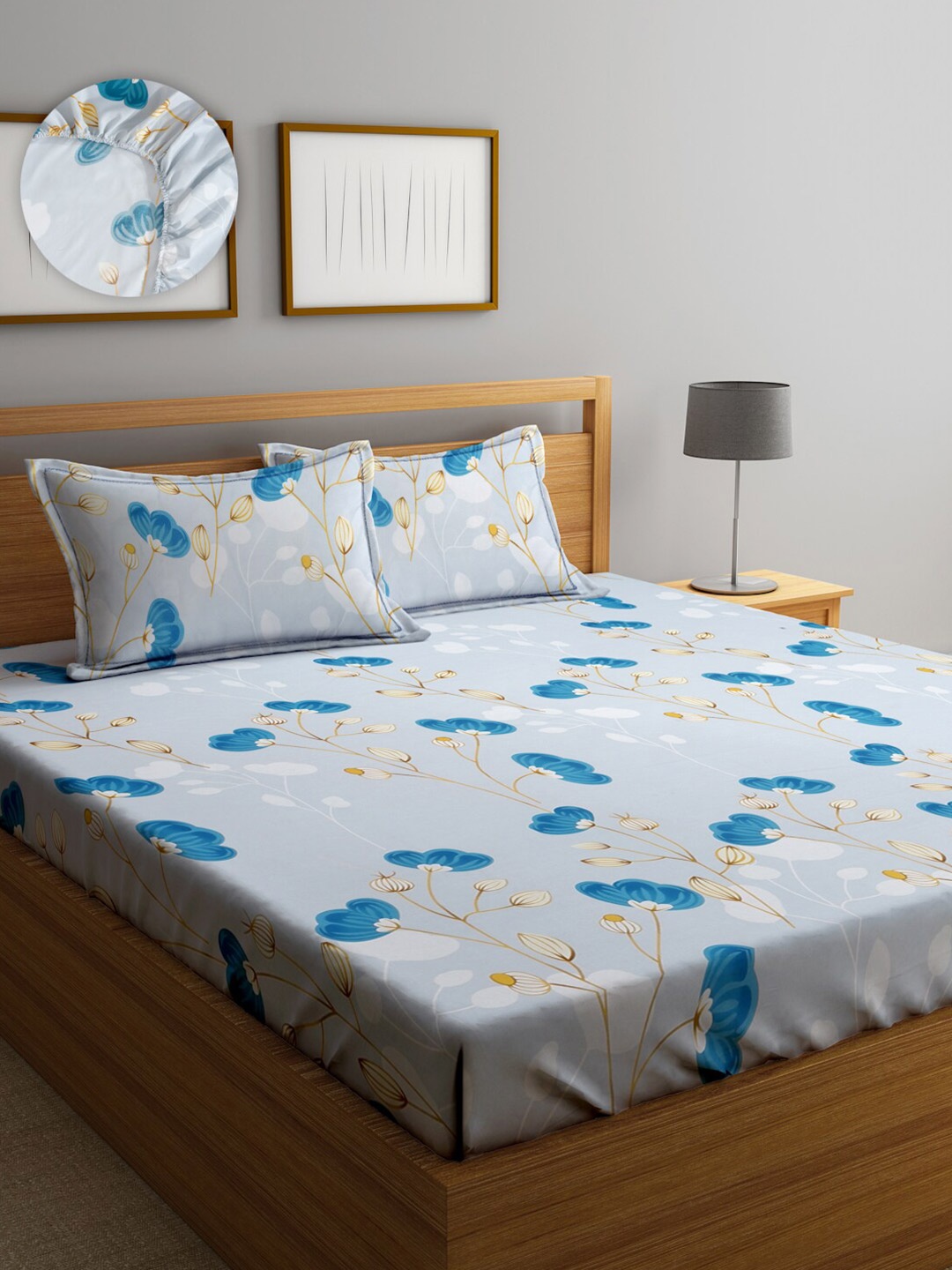 

SOKNACK Off White & Blue Printed 280 TC Cotton Fitted Queen Bedsheet & Pillow Covers