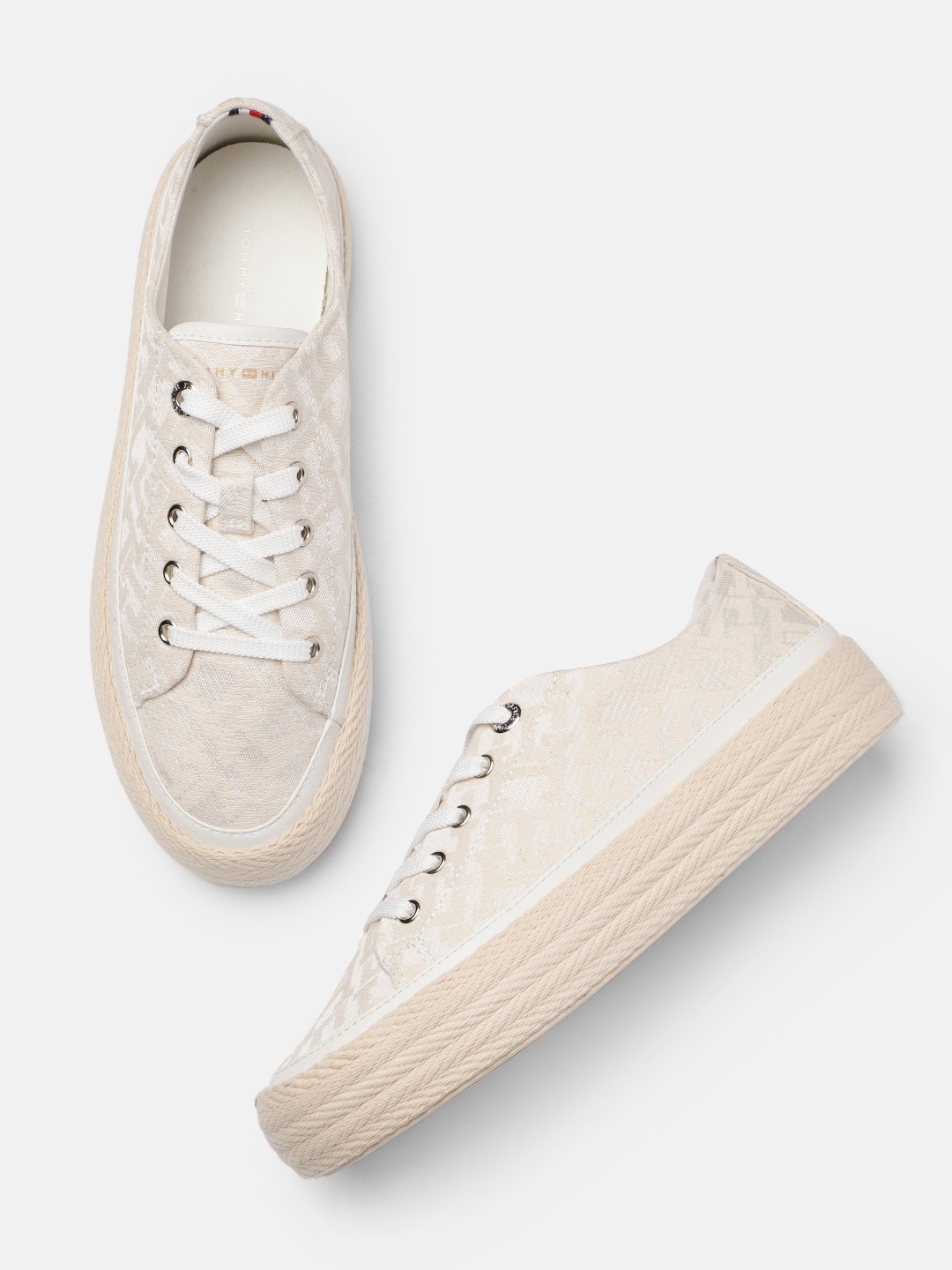 

Tommy Hilfiger Women Brand Logo Embroidered Canvas Sneakers, Off white