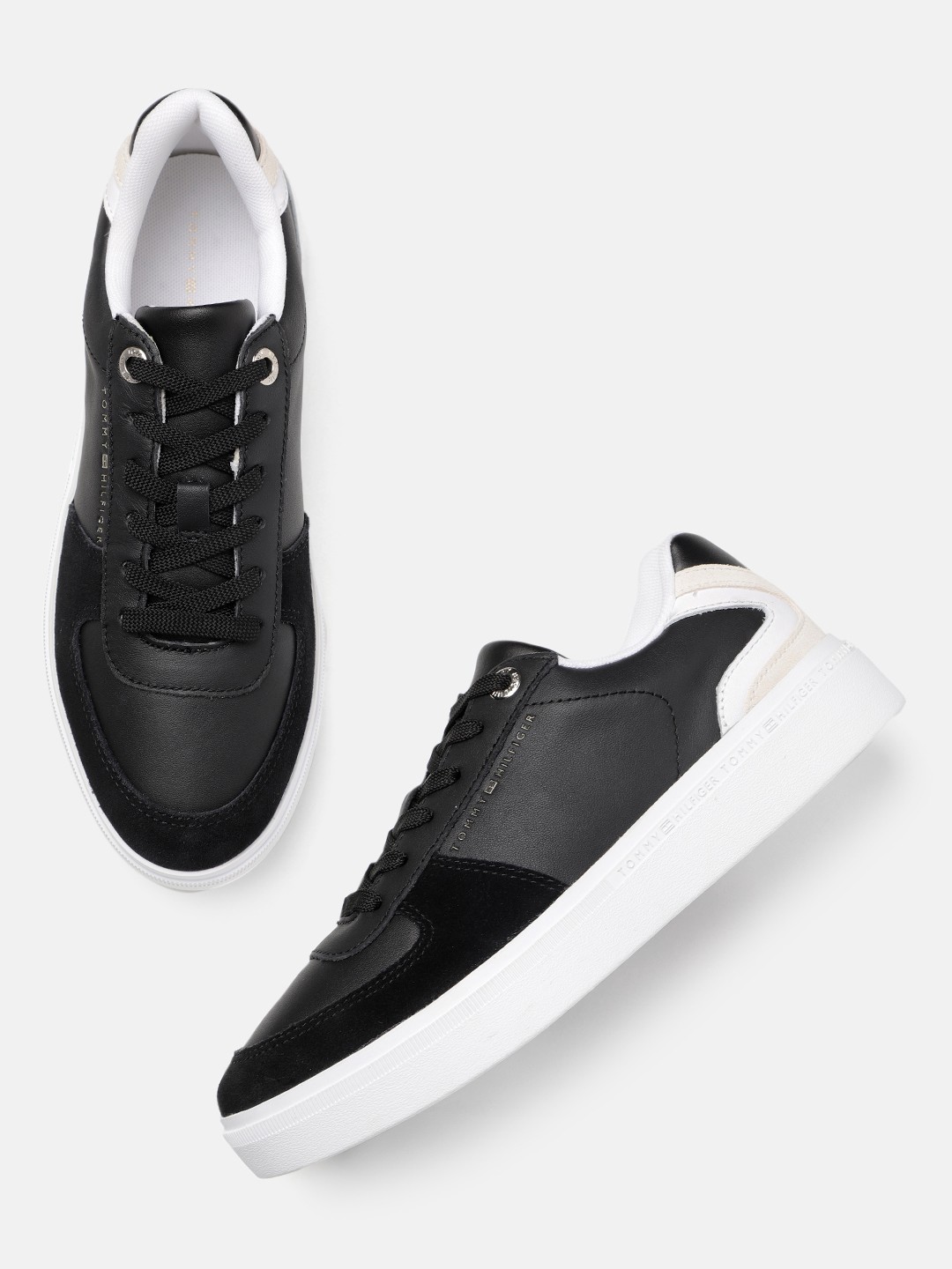 

Tommy Hilfiger Women Solid Leather Court Sneakers, Black