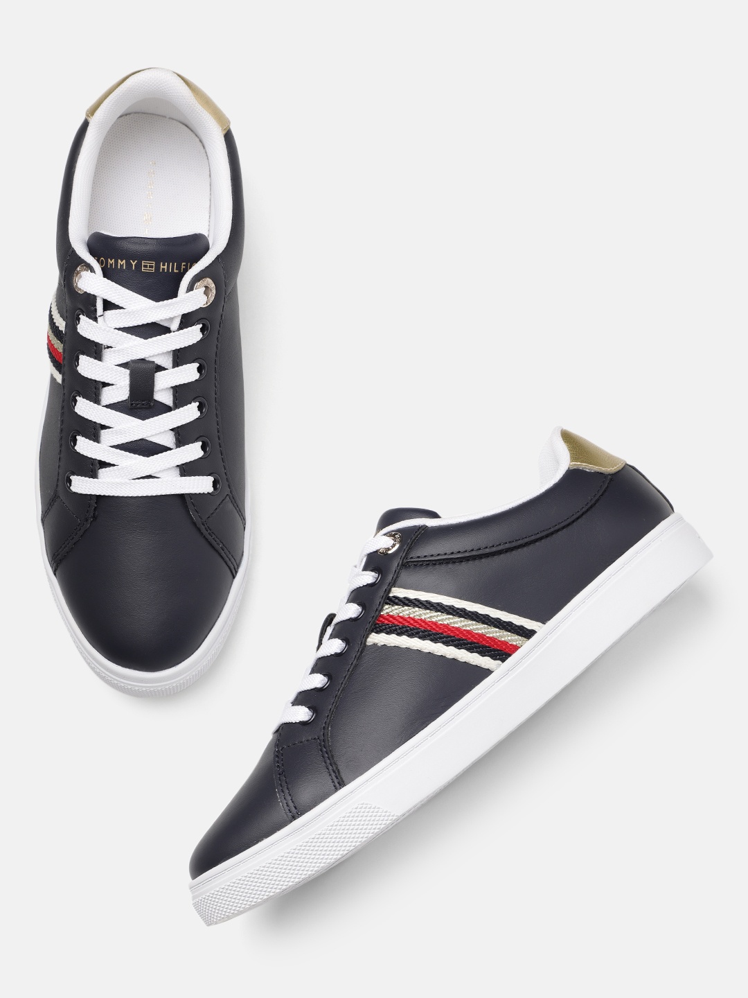 

Tommy Hilfiger Women Leather Sneakers With Thread Applique (Webbing) Detail, Navy blue