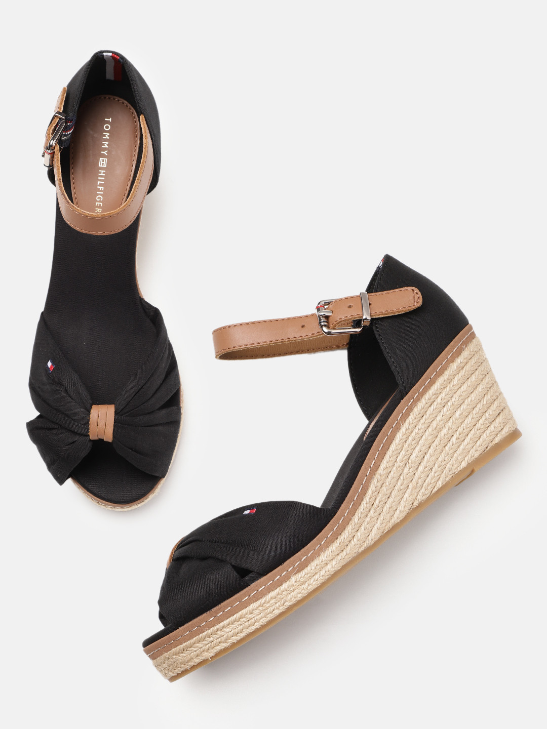 

Tommy Hilfiger Women Solid Mid-Top Wedge Sandals with Bow Detail, Black