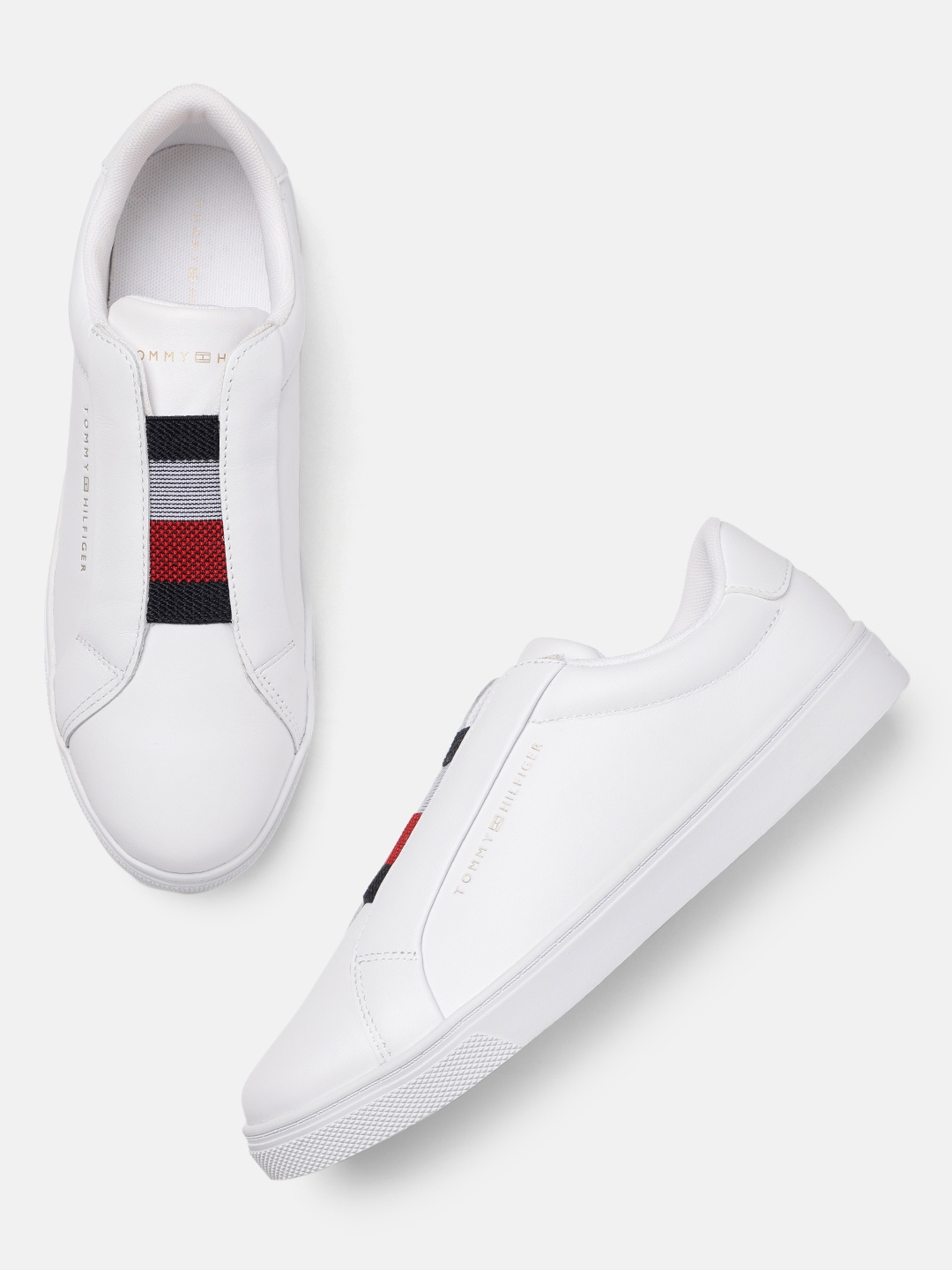 

Tommy Hilfiger Women Solid Leather Slip-On Sneakers With Elastication Detail, White