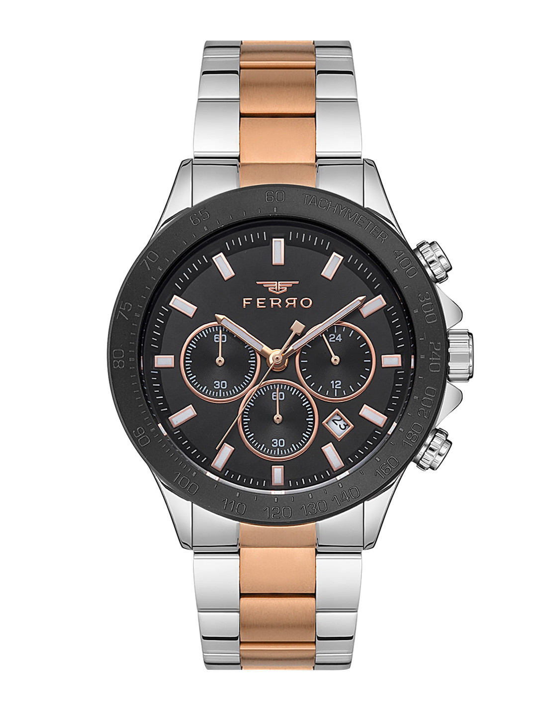 

Ferro Men Brass Dial & Stainless Steel Straps Analogue Chronograph Watch FM11913A-E2, Black