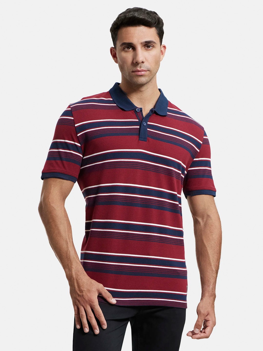 

Jockey Super Combed Cotton Rich Striped Half Sleeve Polo T-shirt-US93, Red