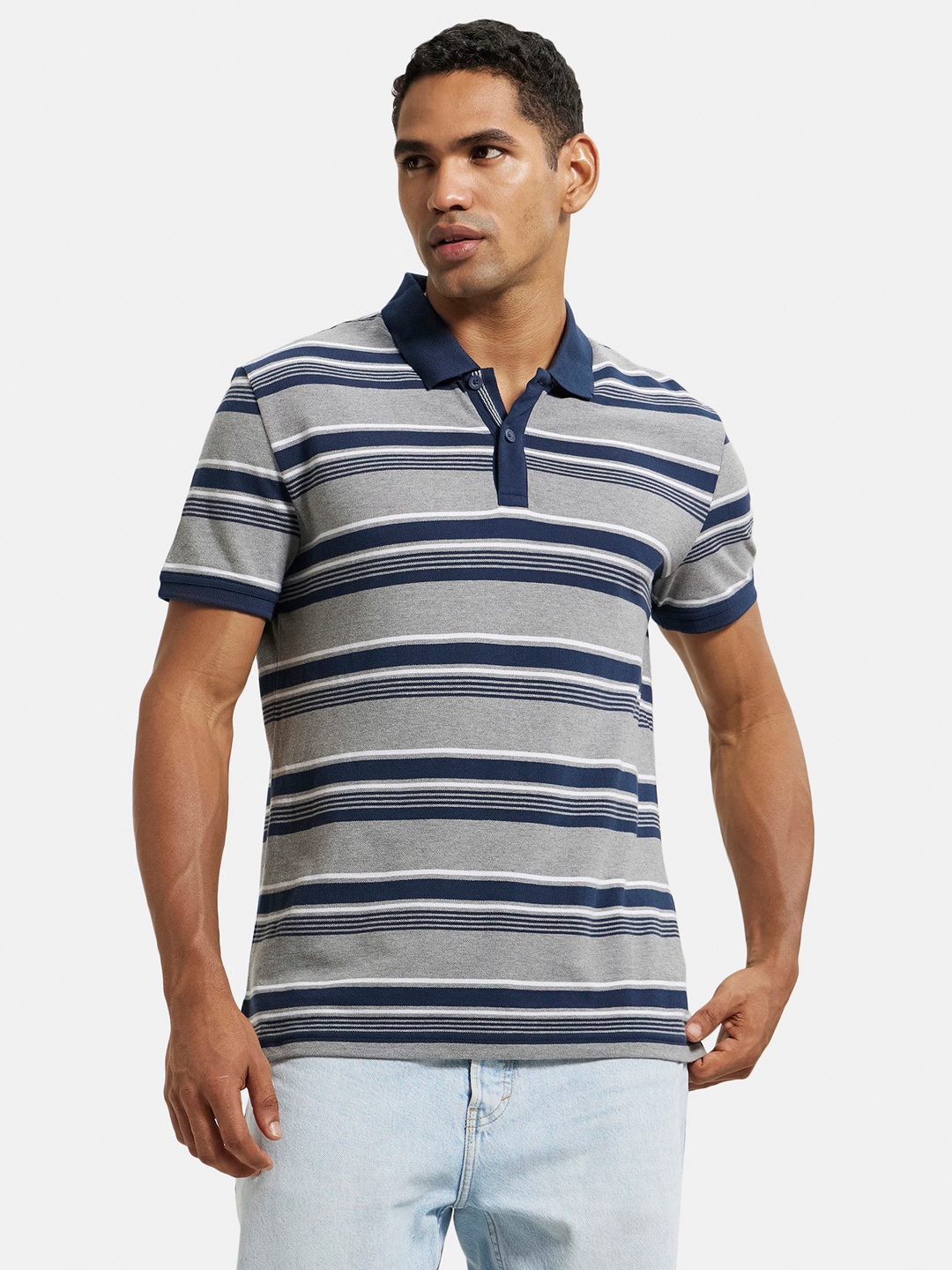 

Jockey Super Combed Cotton Rich Striped Half Sleeve Polo T-shirt-US93, Grey melange