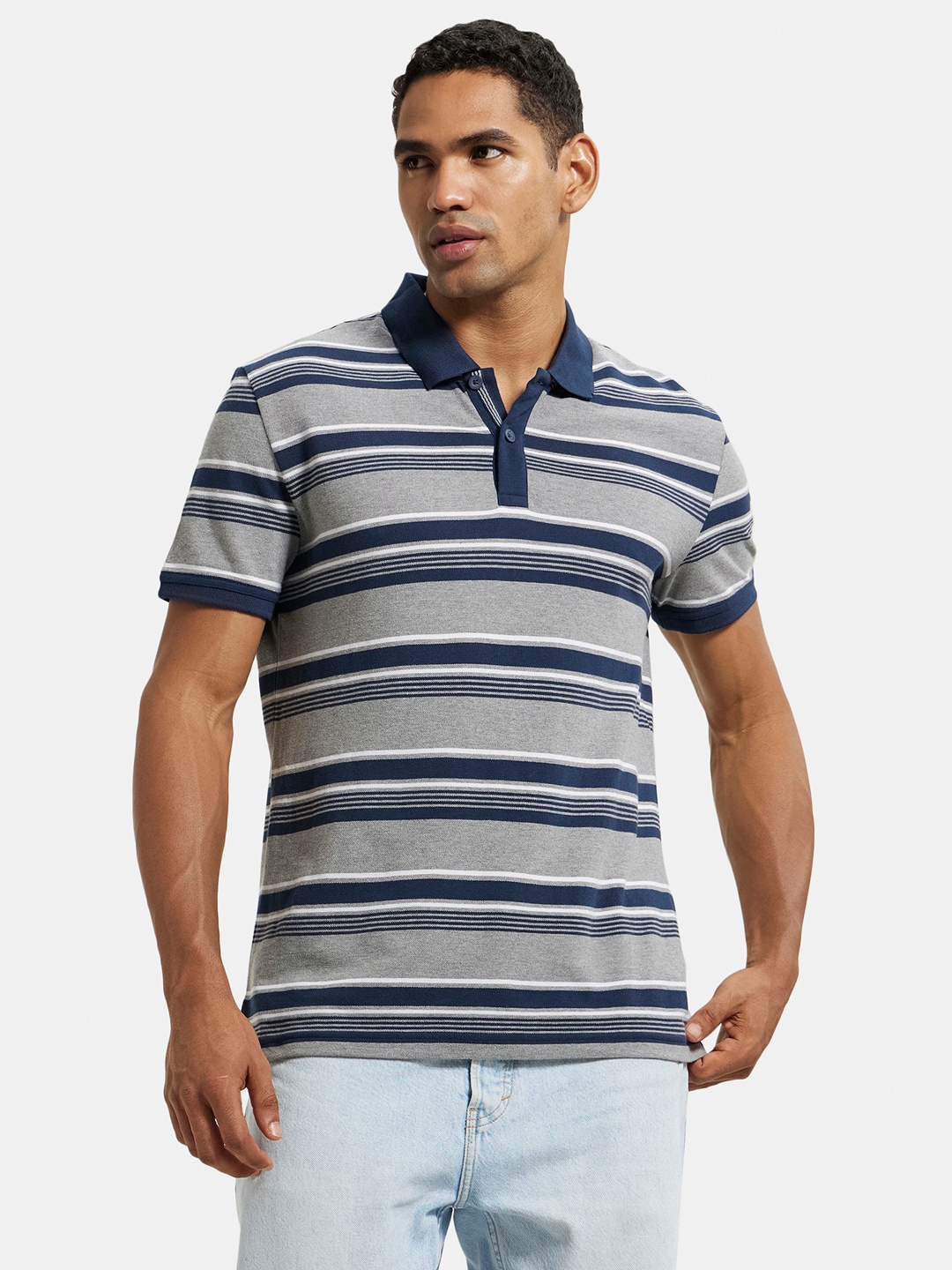 

Jockey Super Combed Cotton Rich Striped Half Sleeve Polo T-shirt-US93, Grey