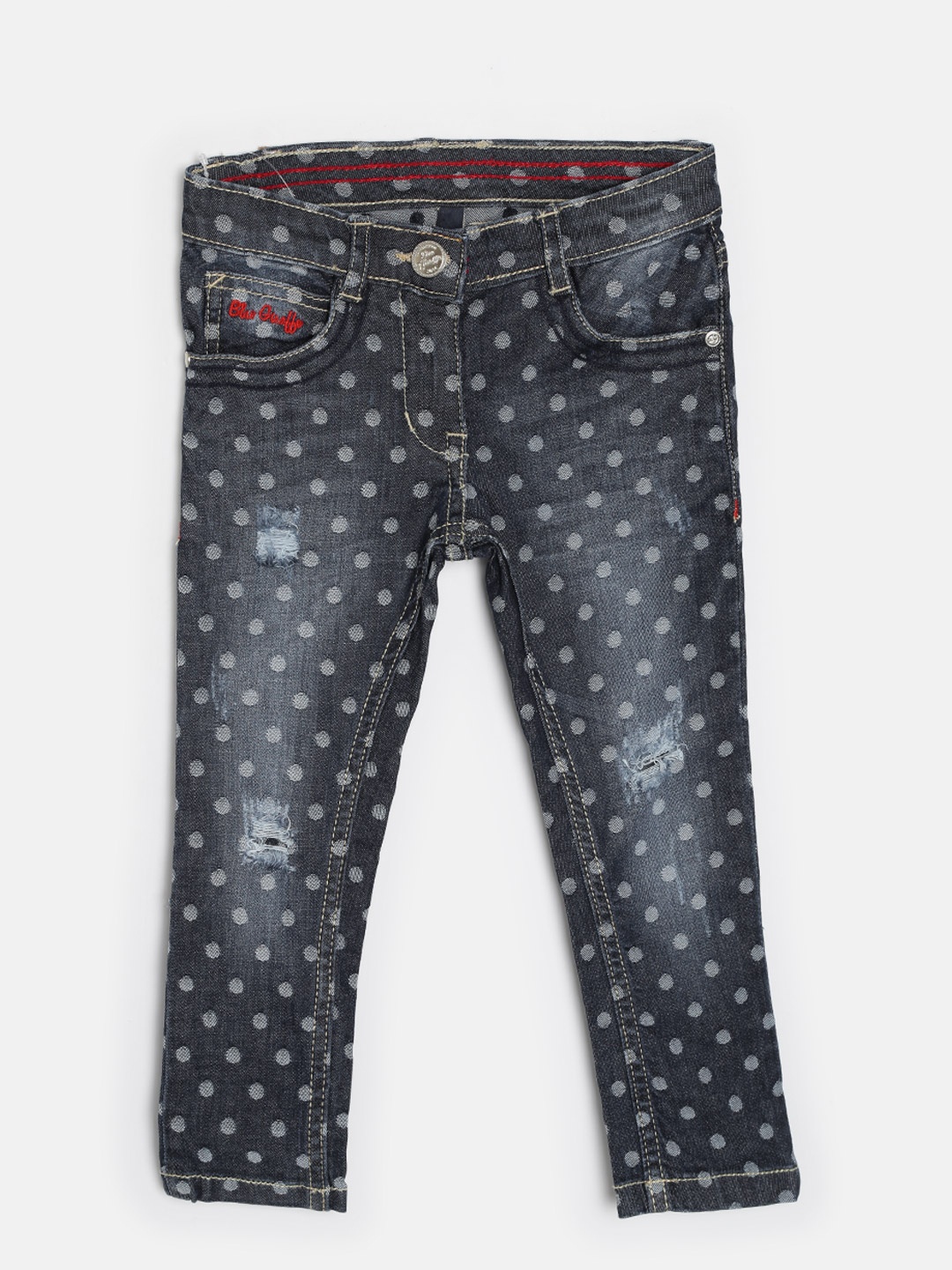 

Blue Giraffe Girls Blue Polka Dot Print Skinny Fit Low Distressed Stretchable Jeans