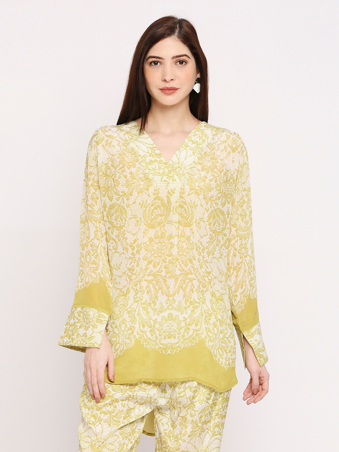 

Cloth Haus India Floral Printed V-Neck High-Low Top, Mustard