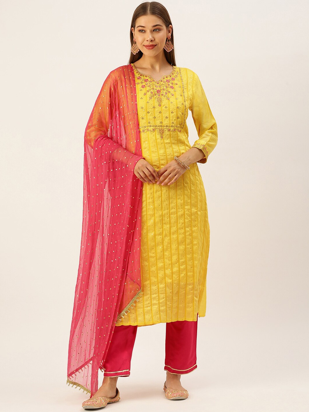 

SWAGG INDIA Ethnic Motifs Embroidered Zari Sequined A-Line Kurta with Trousers & Dupatta, Mustard