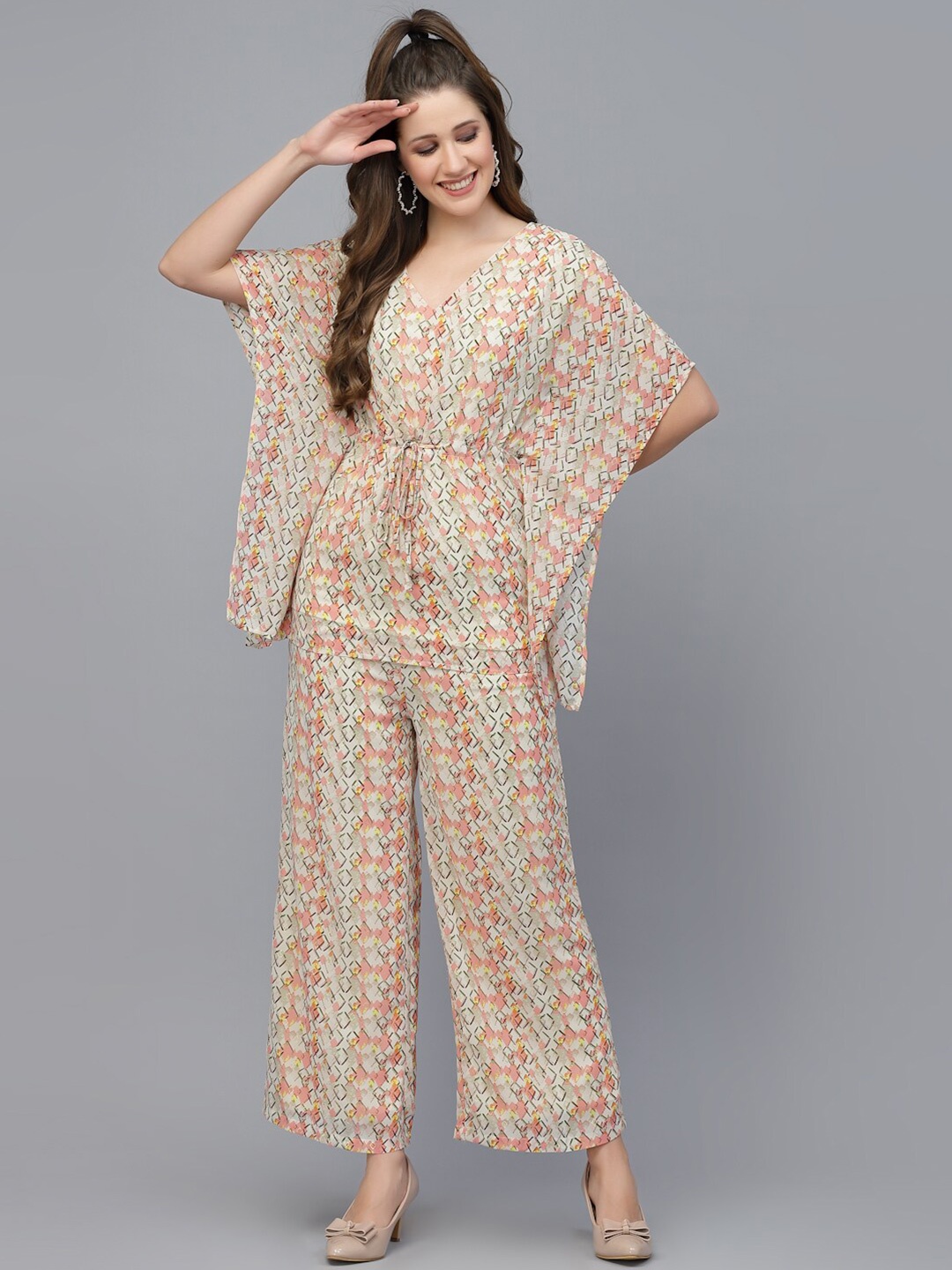 

Mafadeny Printed Kaftan Top with Palazzos Set, Peach