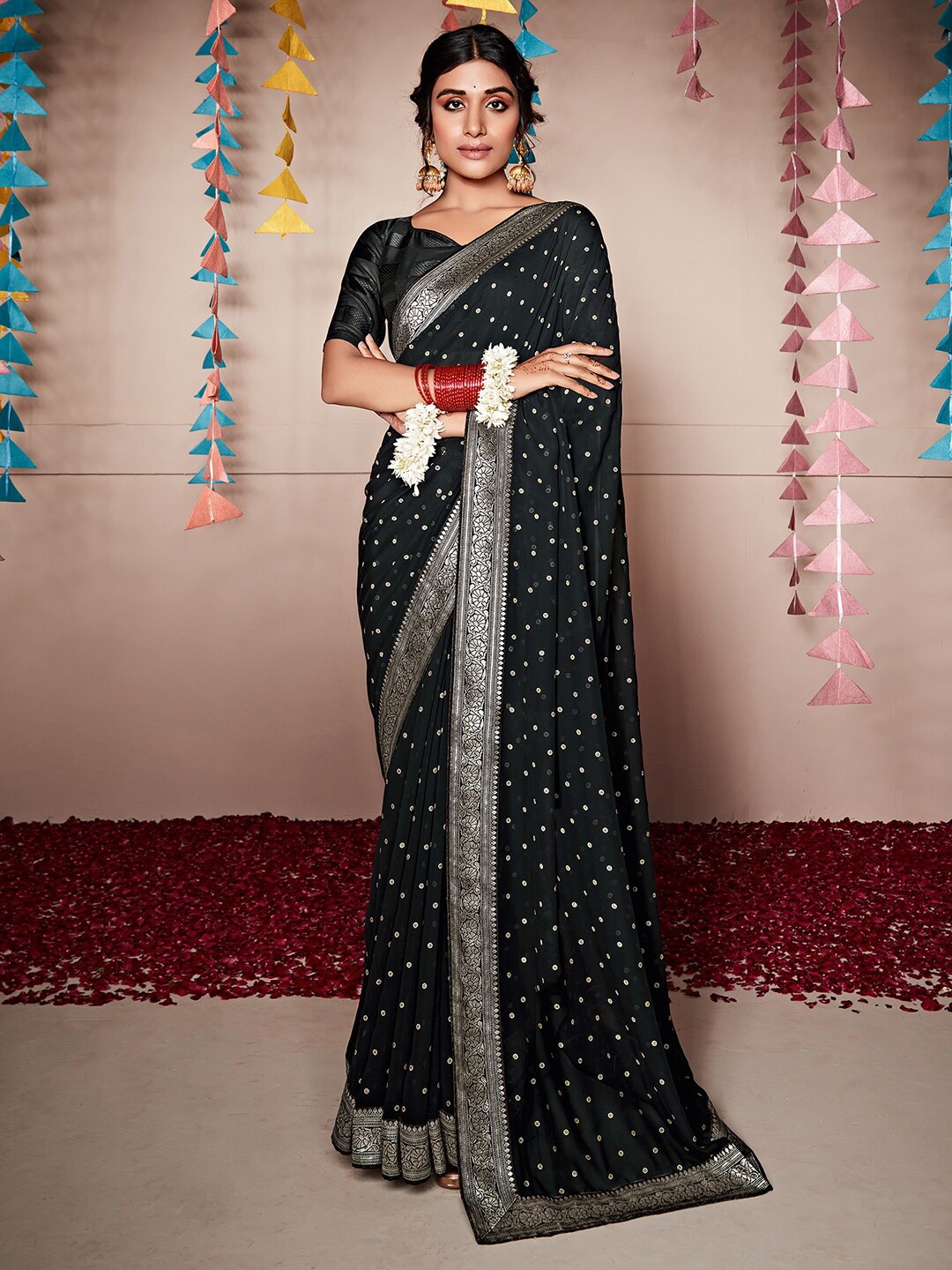 

Anouk Polka Dots Printed Woven Design Pure Georgette Saree, Black