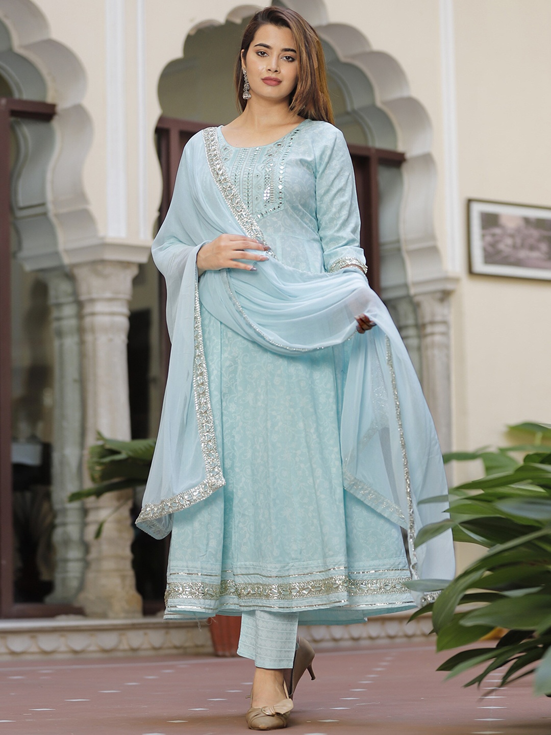 SINGNI Ethnic Motifs Printed Mirror Work Anarkali Kurta with Trousers 