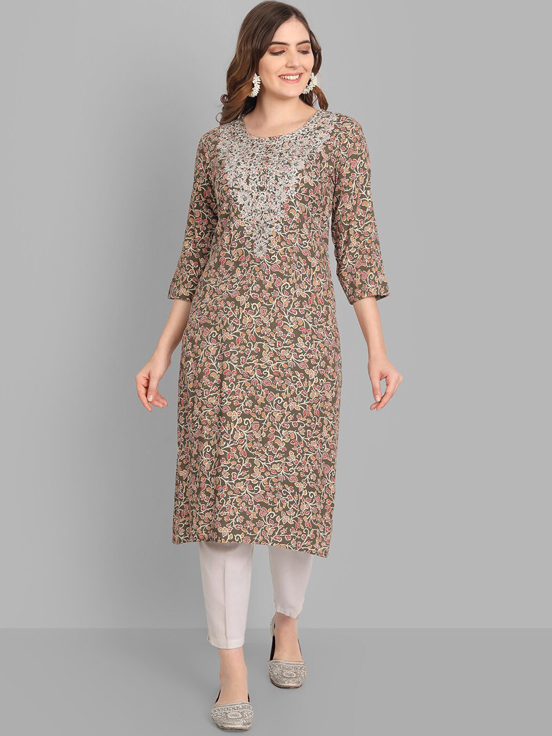 

SINGNI Ethnic Motifs Printed Thread Work Kurta with Trousers, Brown