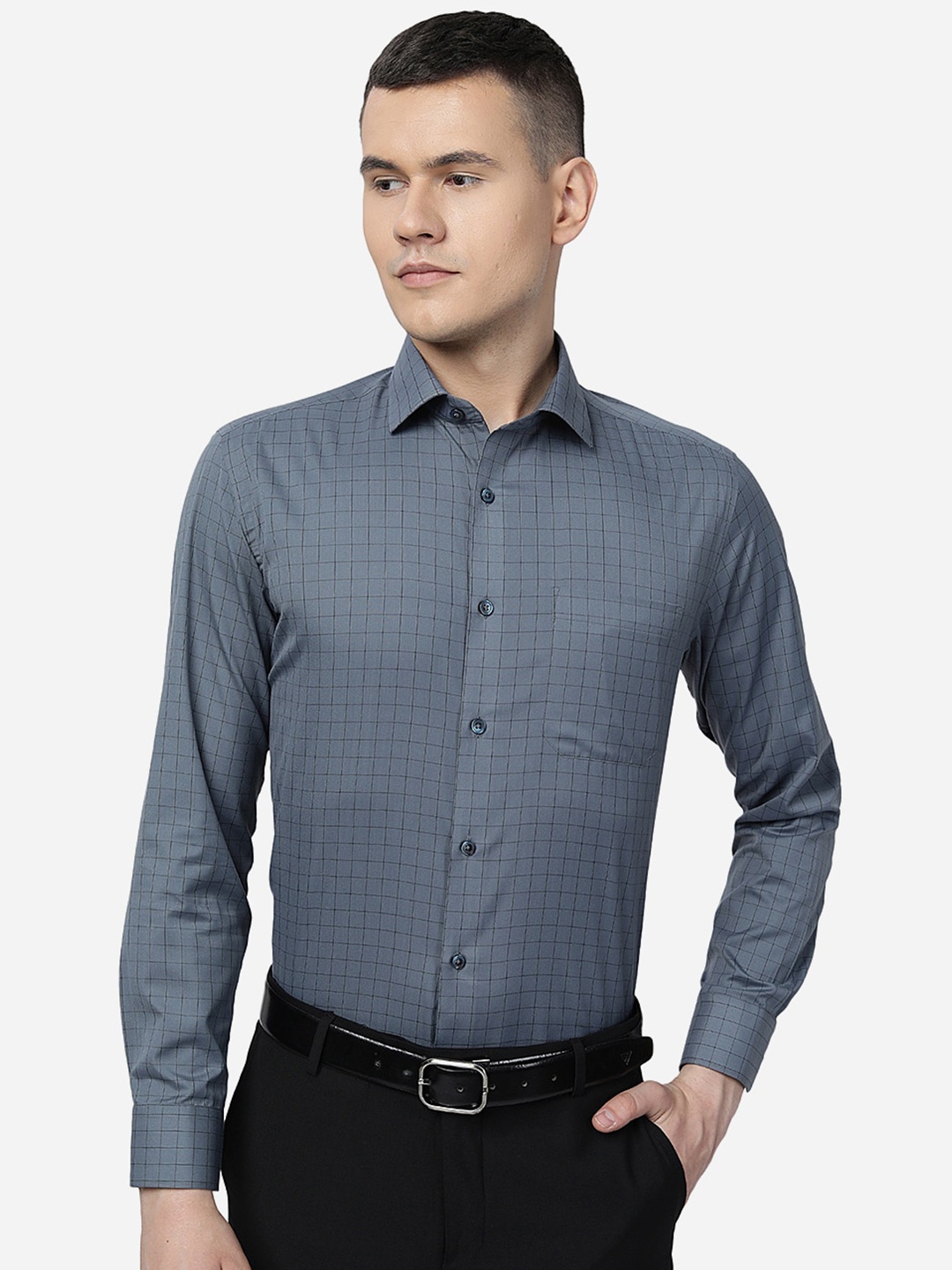 

Greenfibre Checked Cotton Slim Fit Formal Shirt, Grey