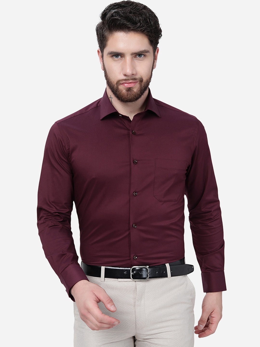 

Greenfibre Spread Collar Cotton Slim Fit Formal Shirt, Burgundy