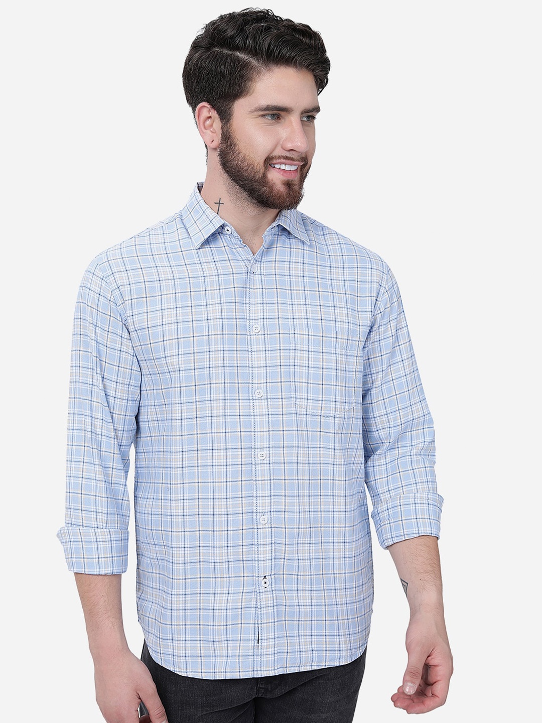 

Greenfibre Checked Slim Fit Pure Cotton Casual Shirt, Blue