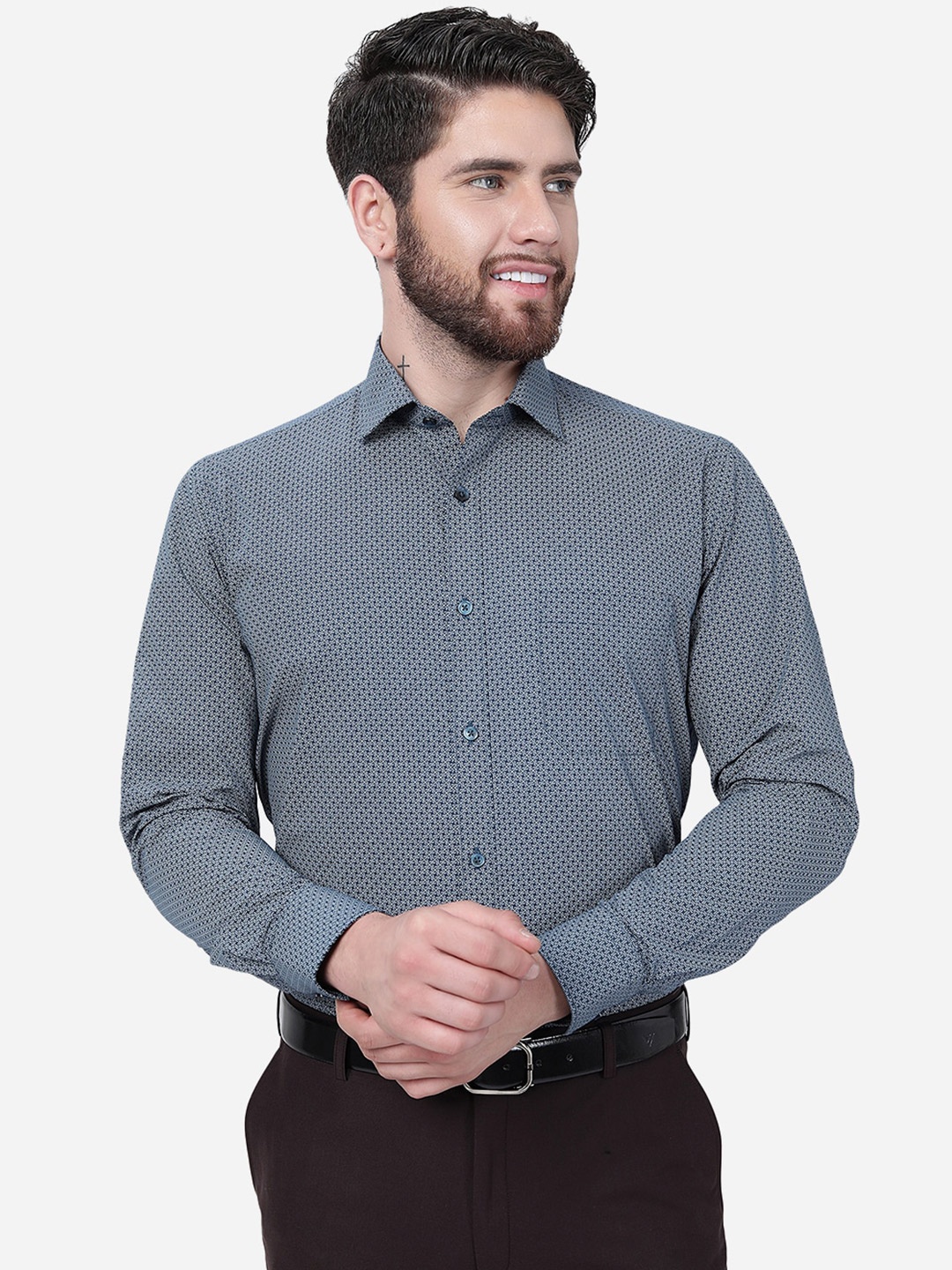 

Greenfibre Micro Ditsy Printed Cotton Slim Fit Formal Shirt, Blue