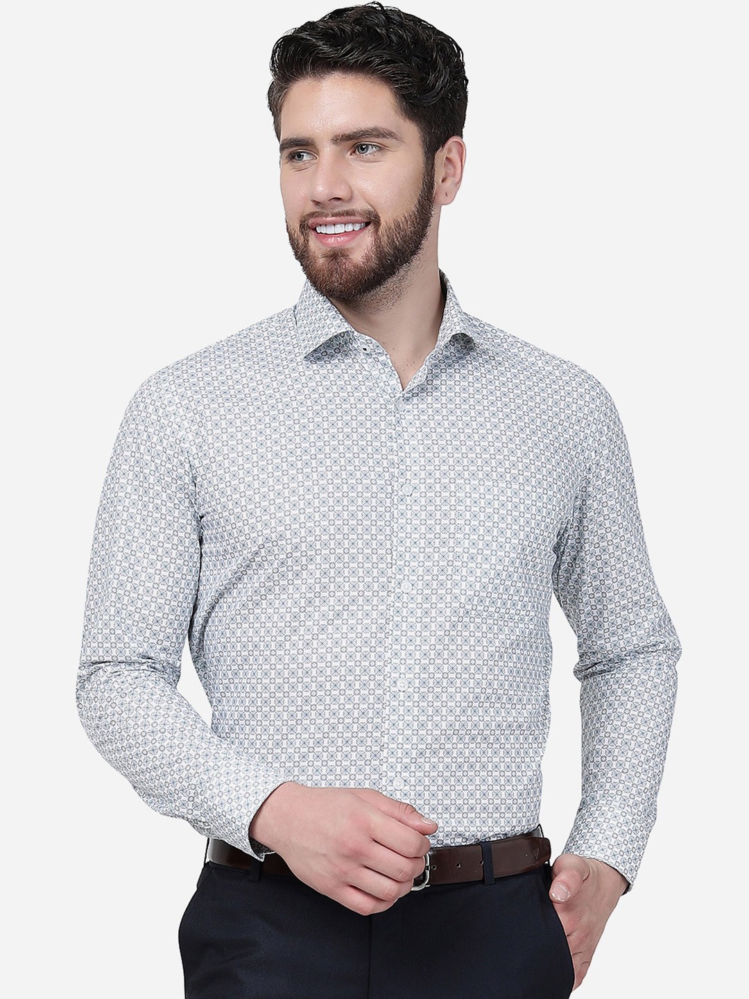 

Greenfibre Slim Fit Ethnic Motifs Printed Cotton Formal Shirt, White